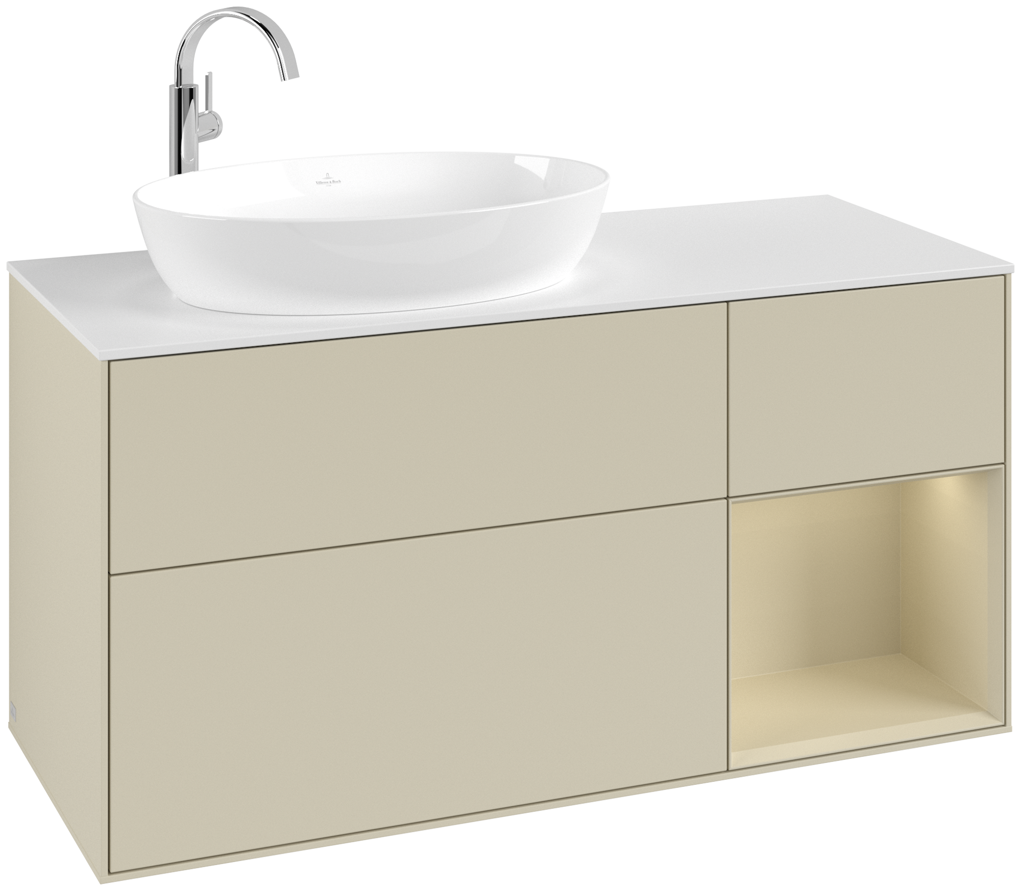 Villeroy & Boch Finion Waschbeckenunterschrank, mit Beleuchtung, 3 Auszüge, 1200x603x501mm, Korpus: Silk Grey Matt Lacquer, Front: Silk Grey Matt Lacquer, Regalelement: Silk Grey Matt Lacquer, Abdeckplatte: Glass White Matt