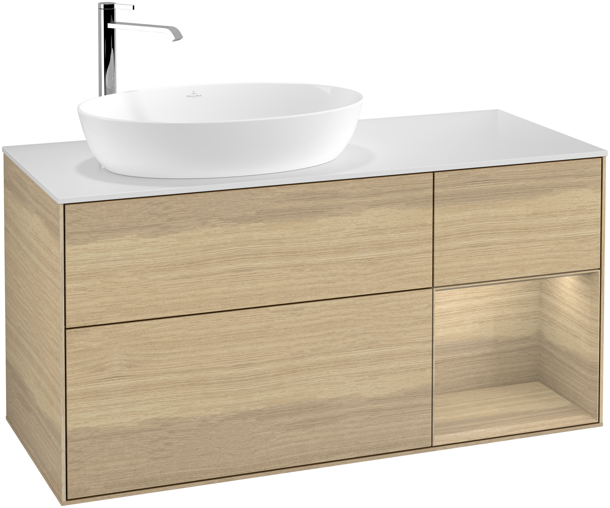 Villeroy & Boch Finion Waschbeckenunterschrank, mit Beleuchtung, 3 Auszüge, 1200x603x501mm, Korpus: Oak Veneer, Front: Oak Veneer, Regalelement: Oak Veneer, Abdeckplatte: Glass White Matt