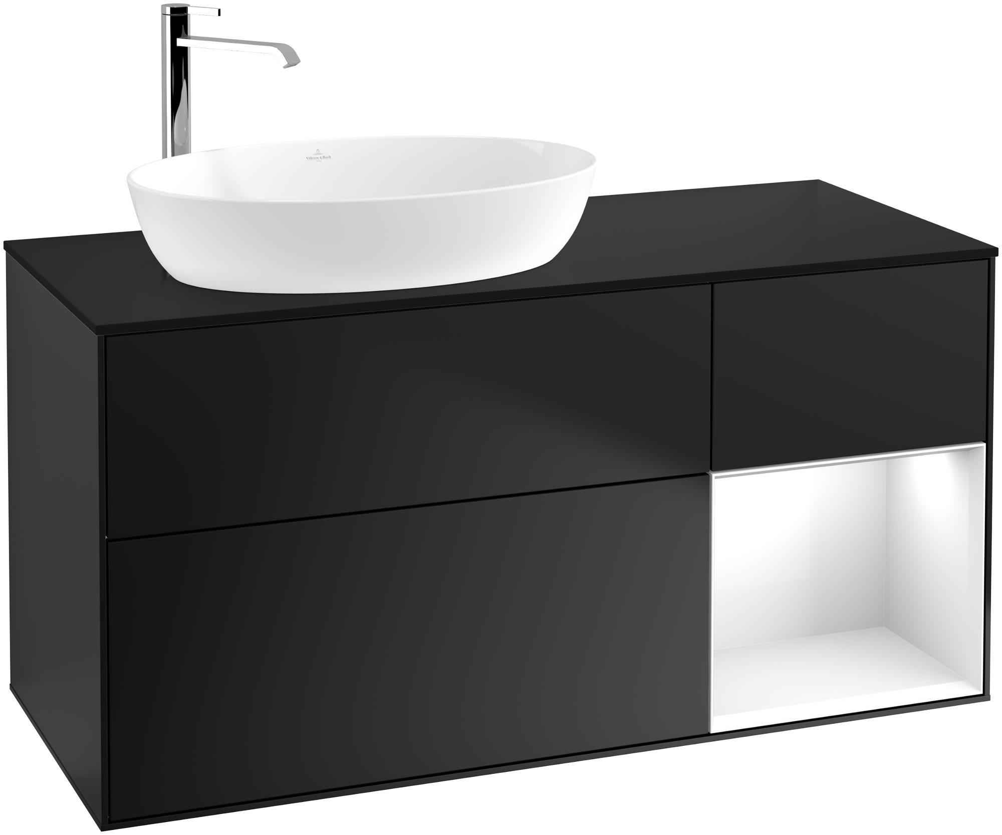 Villeroy & Boch Finion Meuble sous plan, avec éclairage, 3 tiroirs sur rails, 1200x603x501mm, Caisson: Black Matt Lacquer, Façade: Black Matt Lacquer, Élément d’étagère: Glossy White Lacquer, Plaque de recouvrement: Glass Black Matt