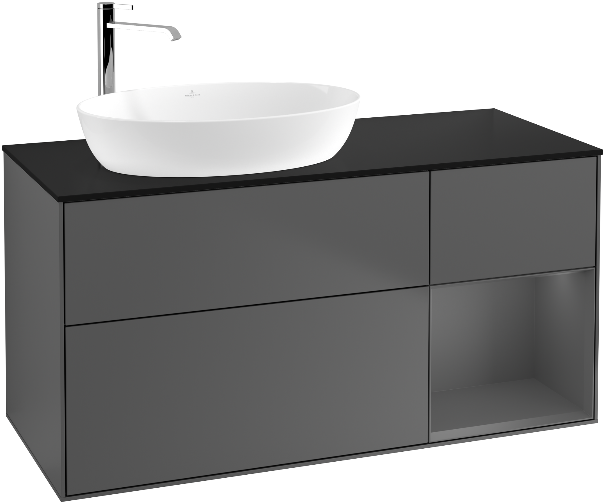 Villeroy & Boch Finion Vanity unit, with lighting, 3 pull-out compartments, 1200x603x501mm, Body: Anthracite Matt Lacquer, Front: Anthracite Matt Lacquer, Shelf: Anthracite Matt Lacquer, Cover plate: Glass Black Matt