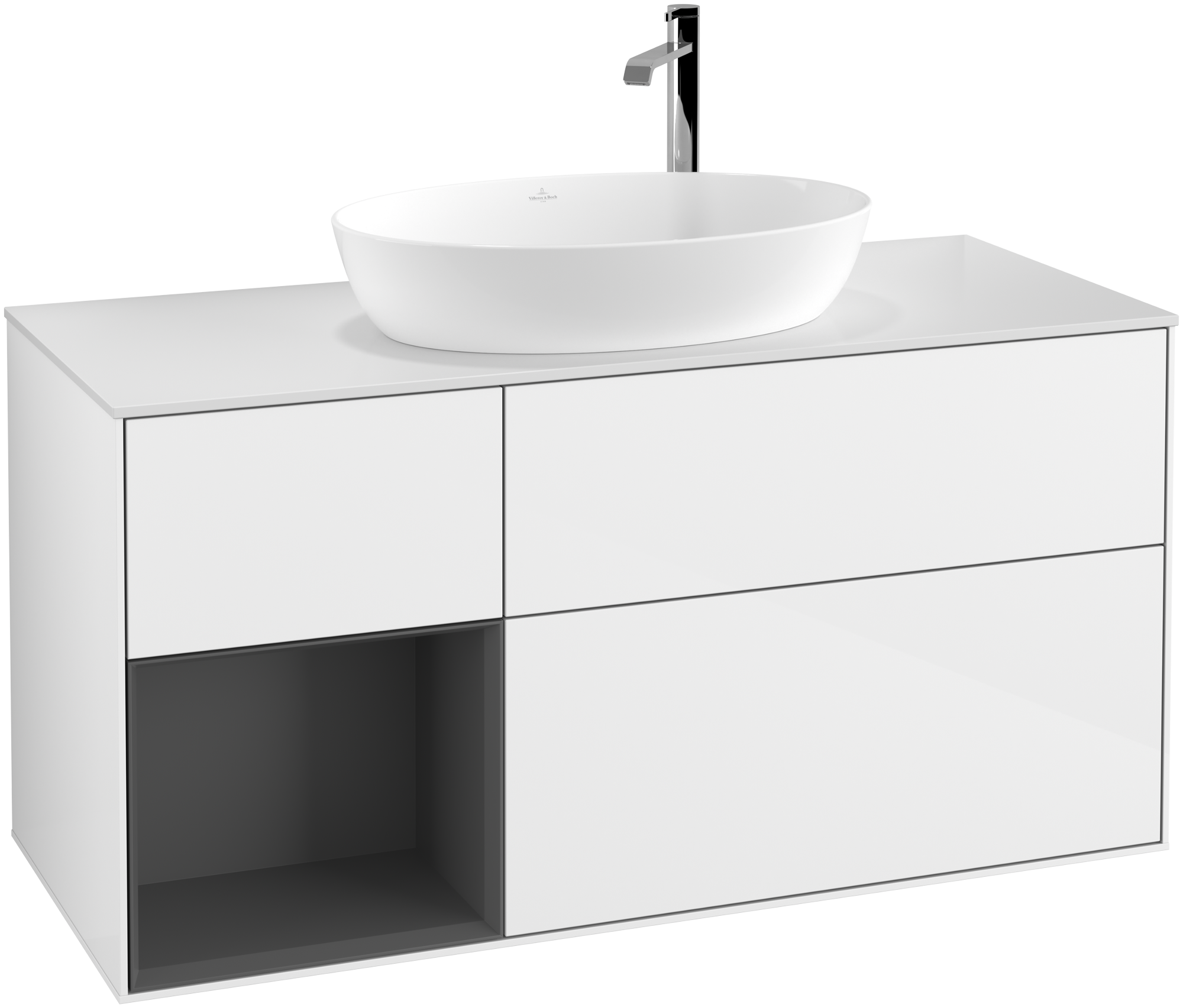 Villeroy & Boch Finion Waschbeckenunterschrank, mit Beleuchtung, 3 Auszüge, 1200x603x501mm, Korpus: Glossy White Lacquer, Front: Glossy White Lacquer, Regalelement: Anthracite Matt Lacquer, Abdeckplatte: Glass White Matt