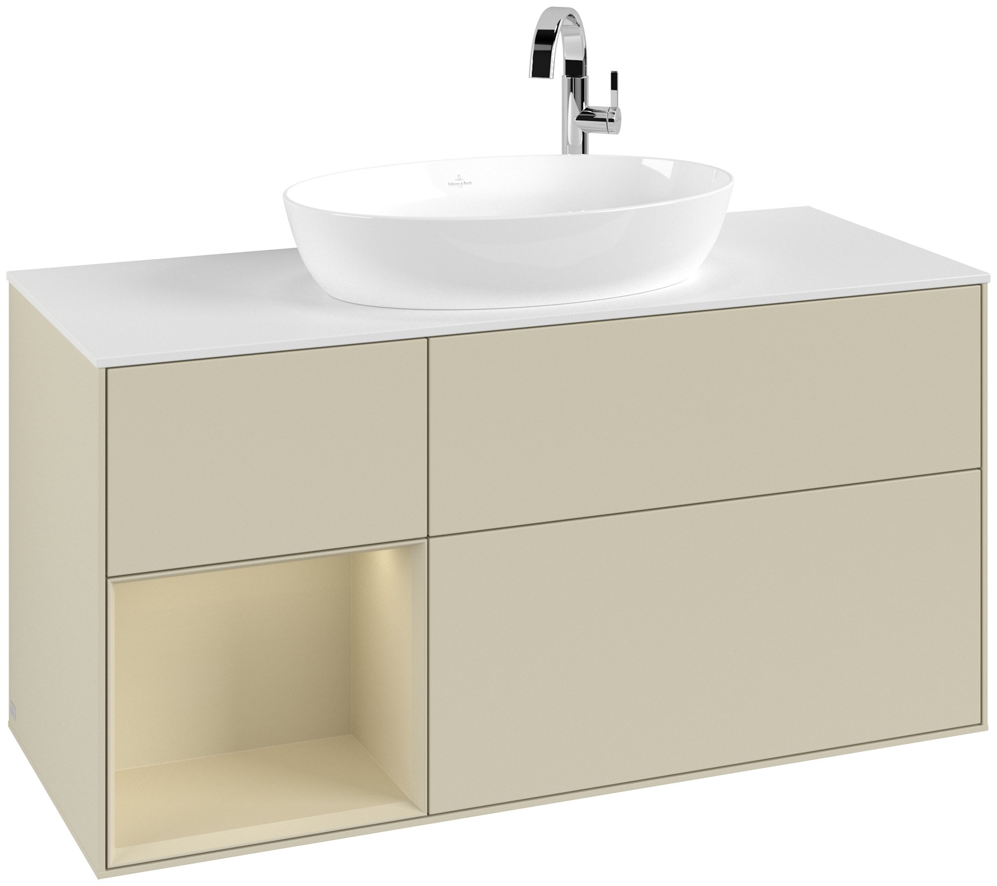 Villeroy & Boch Finion Waschbeckenunterschrank, mit Beleuchtung, 3 Auszüge, 1200x603x501mm, Korpus: Silk Grey Matt Lacquer, Front: Silk Grey Matt Lacquer, Regalelement: Silk Grey Matt Lacquer, Abdeckplatte: Glass White Matt