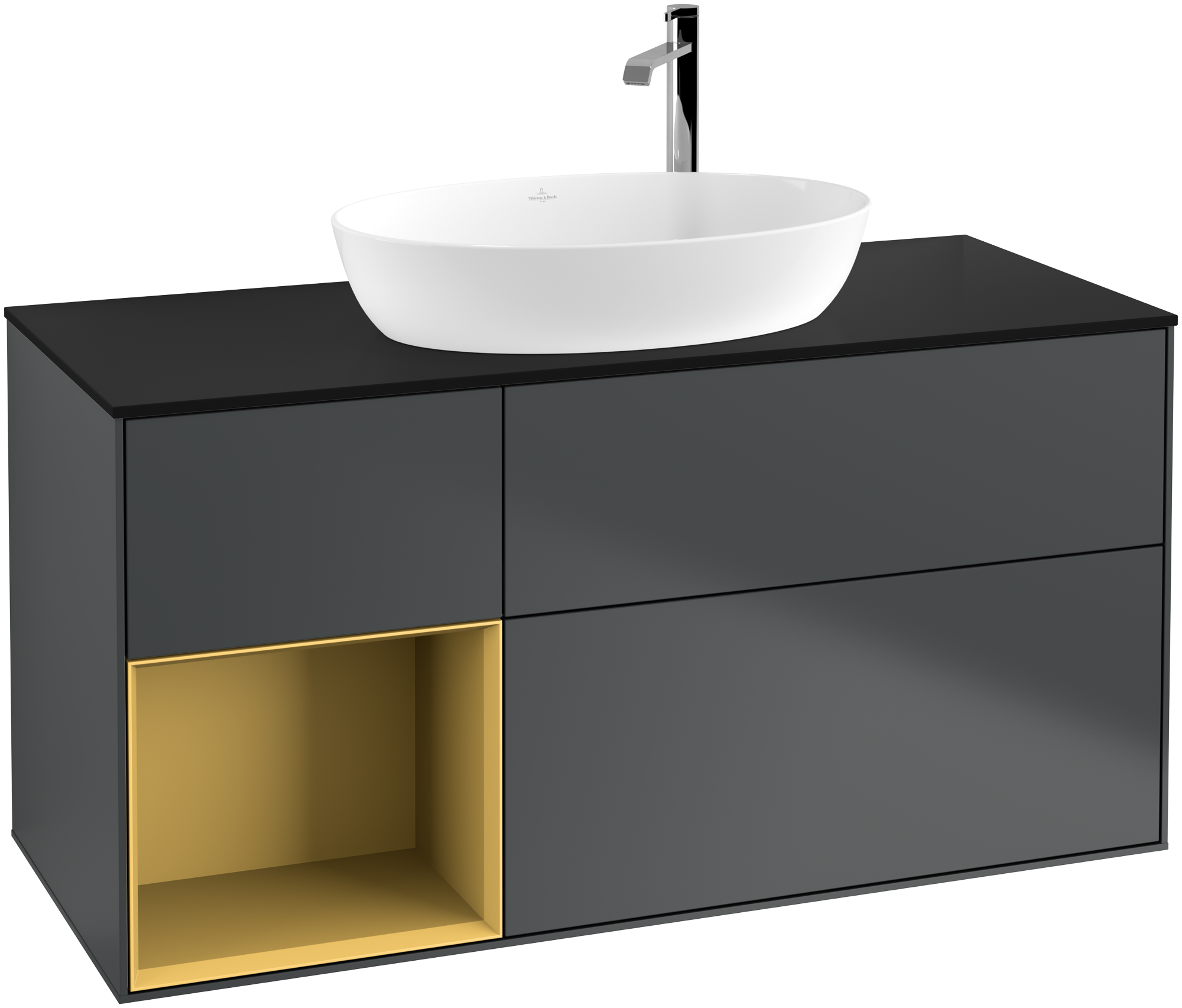 Villeroy & Boch Finion Vanity unit, with lighting, 3 pull-out compartments, 1200x603x501mm, Body: Midnight Blue Matt Lacquer, Front: Midnight Blue Matt Lacquer, Shelf: Gold Matt Lacquer, Cover plate: Glass Black Matt