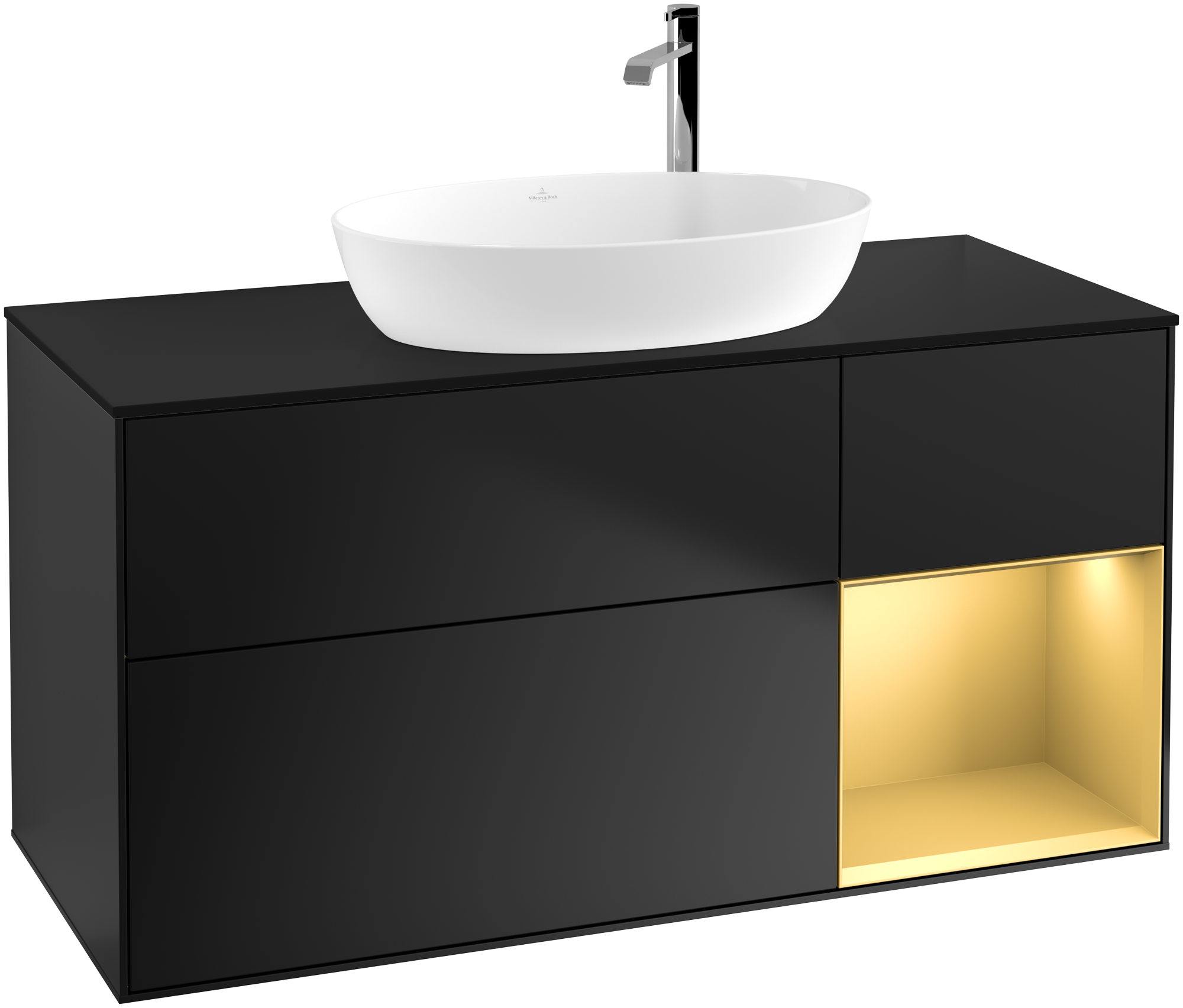 Villeroy & Boch Finion Waschbeckenunterschrank, mit Beleuchtung, 3 Auszüge, 1200x603x501mm, Korpus: Black Matt Lacquer, Front: Black Matt Lacquer, Regalelement: Gold Matt Lacquer, Abdeckplatte: Glass Black Matt