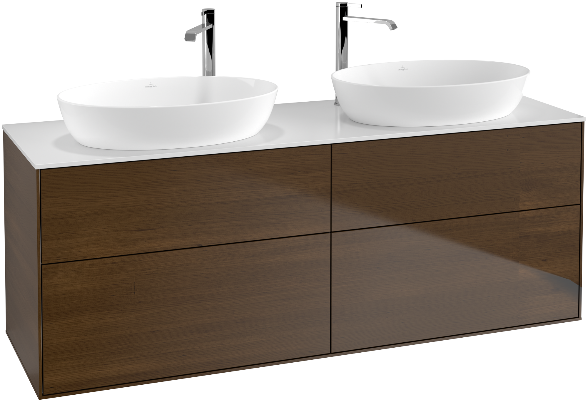 Villeroy & Boch Finion Meuble sous plan, avec éclairage, 4 tiroirs sur rails, 1600x603x501mm, Caisson: Walnut Veneer, Façade: Walnut Veneer, Plaque de recouvrement: Glass White Matt