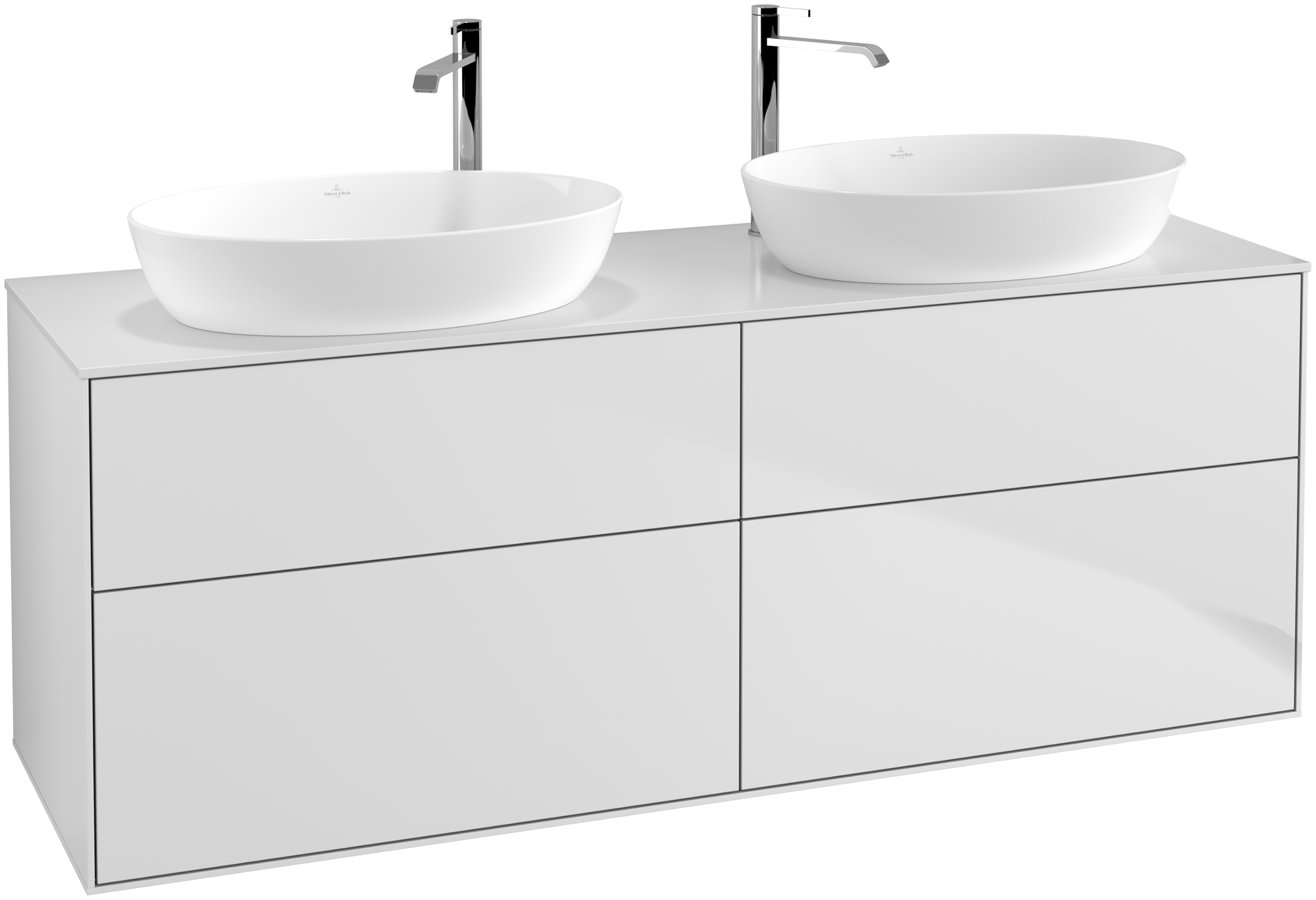 Villeroy & Boch Finion Meuble sous plan, avec éclairage, 4 tiroirs sur rails, 1600x603x501mm, Caisson: White Matt Lacquer, Façade: White Matt Lacquer, Plaque de recouvrement: Glass White Matt