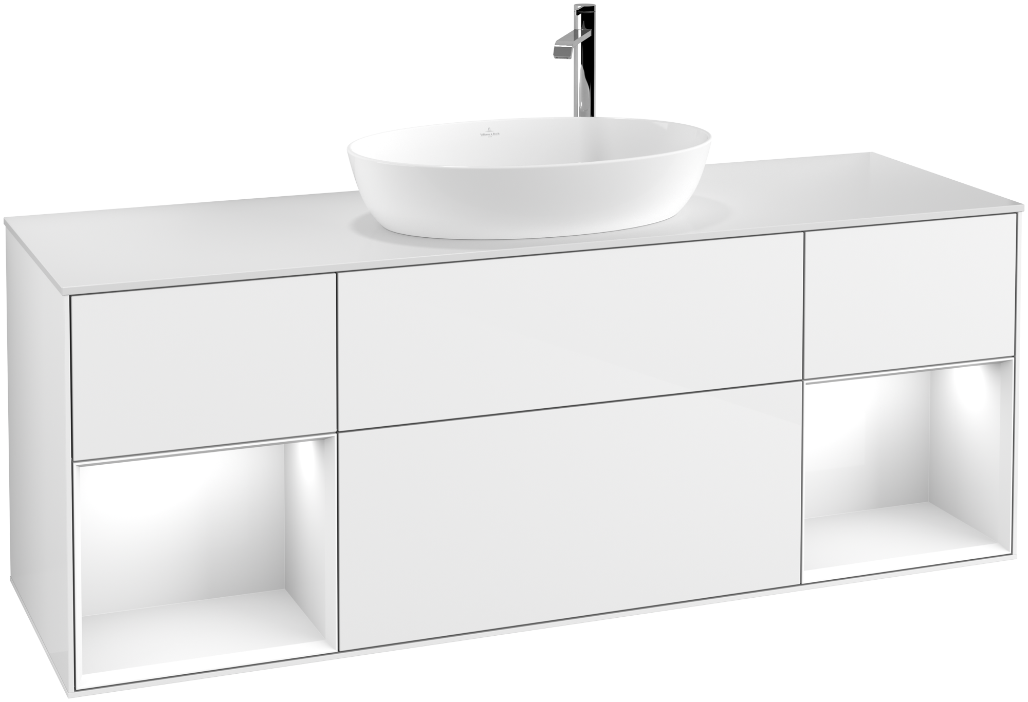 Villeroy & Boch Finion Waschbeckenunterschrank, mit Beleuchtung, 4 Auszüge, 1600x603x501mm, Korpus: Glossy White Lacquer, Front: Glossy White Lacquer, Regalelement: Glossy White Lacquer, Abdeckplatte: Glass White Matt