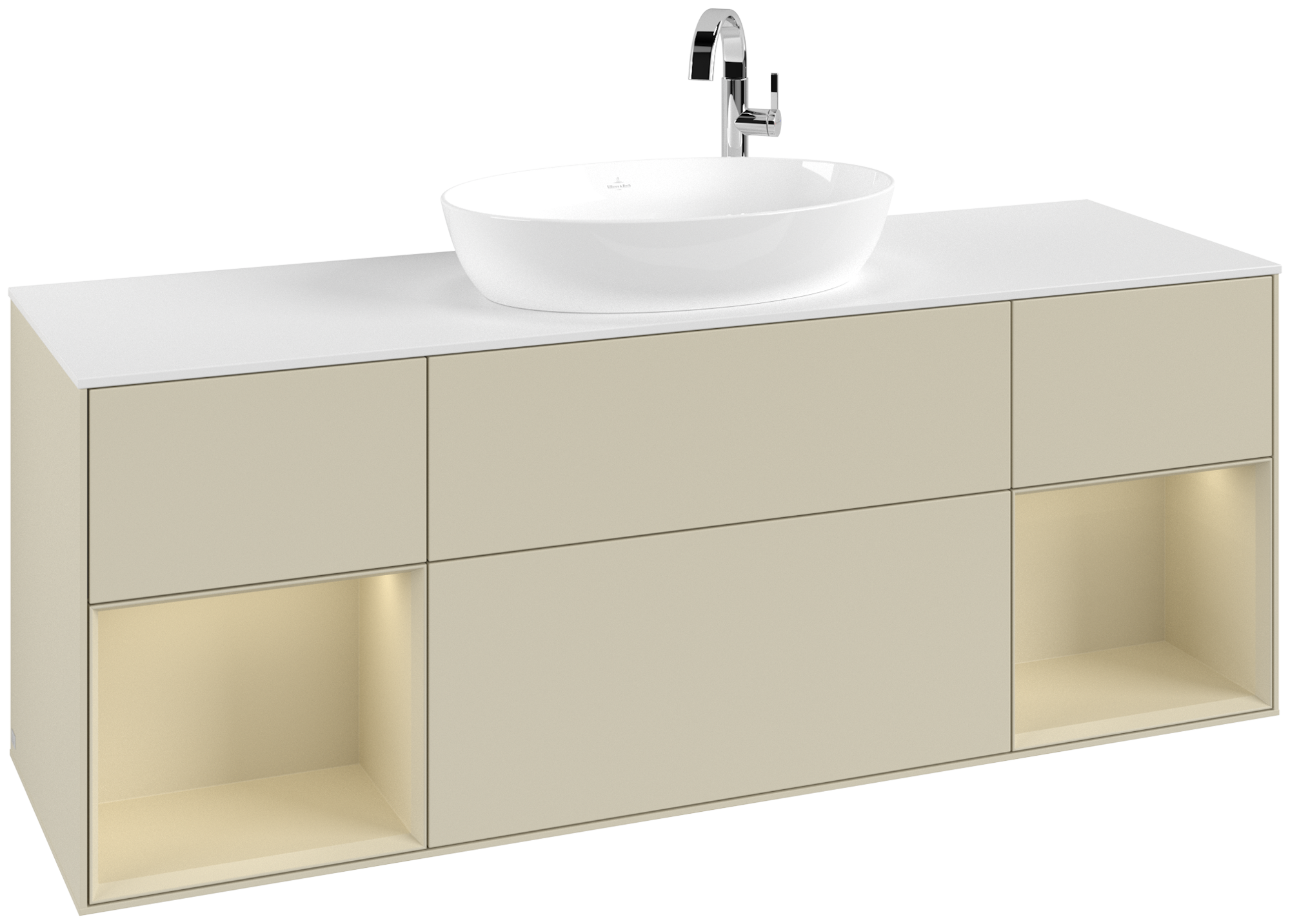 Villeroy & Boch Finion Waschbeckenunterschrank, mit Beleuchtung, 4 Auszüge, 1600x603x501mm, Korpus: Silk Grey Matt Lacquer, Front: Silk Grey Matt Lacquer, Regalelement: Silk Grey Matt Lacquer, Abdeckplatte: Glass White Matt