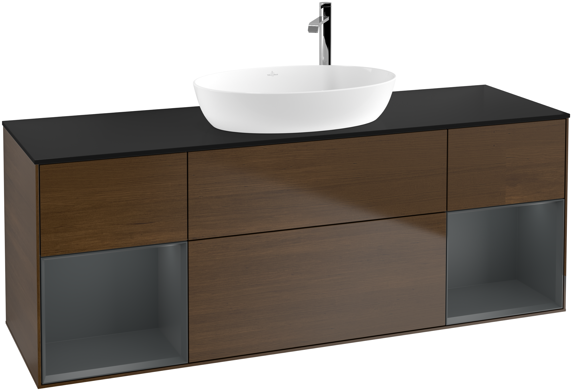 Villeroy & Boch Finion Vanity unit, with lighting, 4 pull-out compartments, 1600x603x501mm, Body: Walnut Veneer, Front: Walnut Veneer, Shelf: Midnight Blue Matt Lacquer, Cover plate: Glass Black Matt