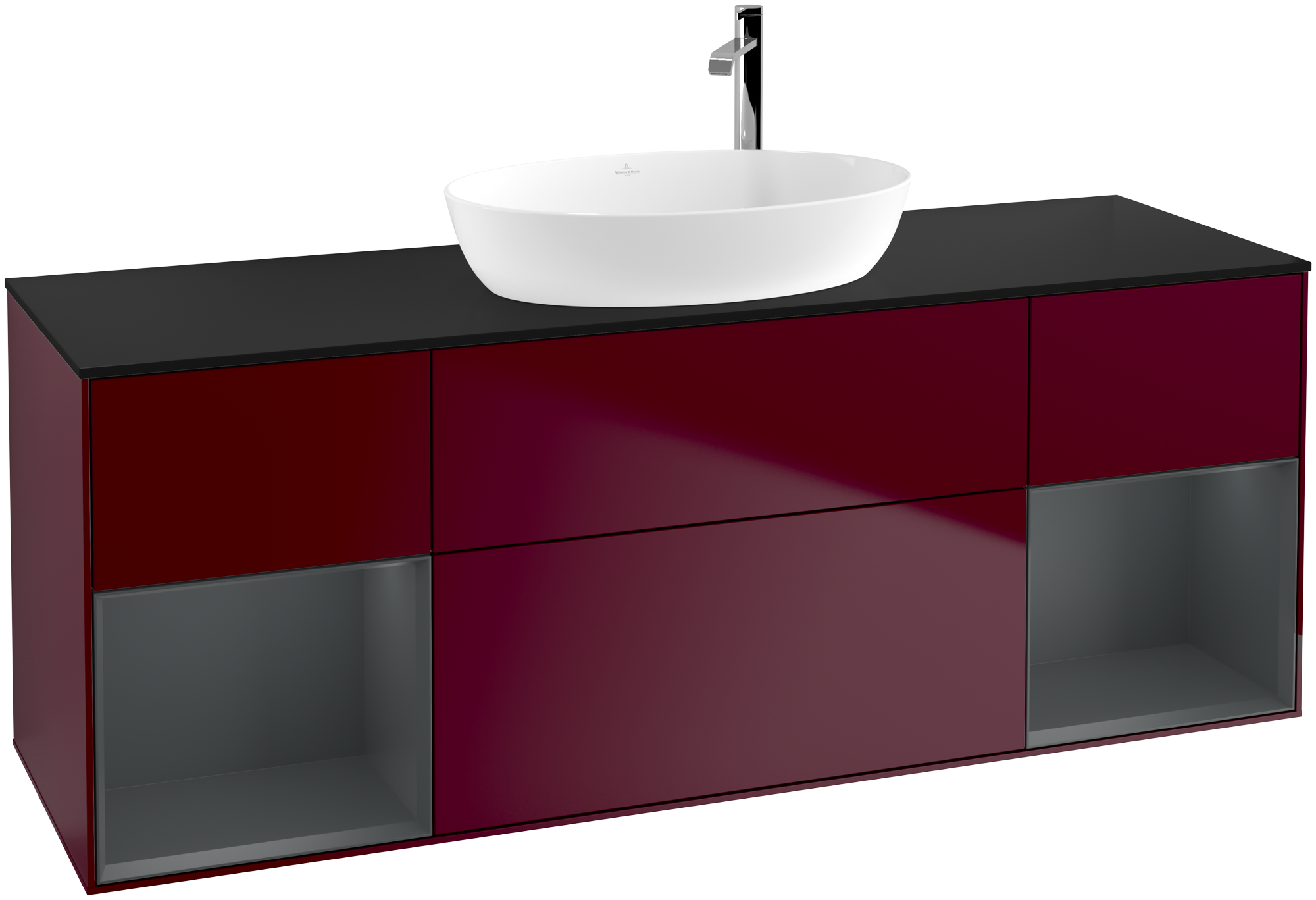 Villeroy & Boch Finion Vanity unit, with lighting, 4 pull-out compartments, 1600x603x501mm, Body: Peony Matt Lacquer, Front: Peony Matt Lacquer, Shelf: Midnight Blue Matt Lacquer, Cover plate: Glass Black Matt