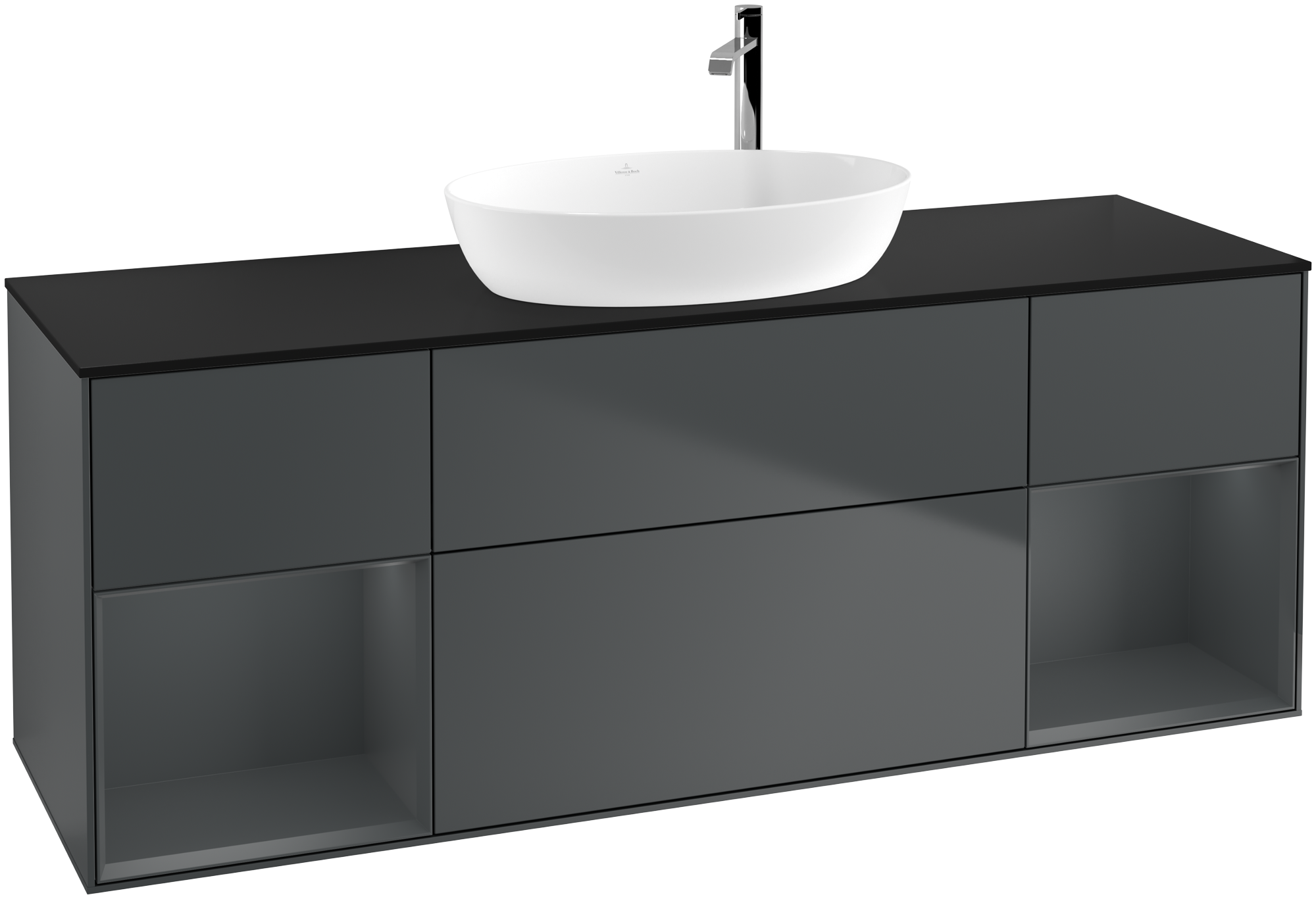 Villeroy & Boch Finion Vanity unit, with lighting, 4 pull-out compartments, 1600x603x501mm, Body: Midnight Blue Matt Lacquer, Front: Midnight Blue Matt Lacquer, Shelf: Midnight Blue Matt Lacquer, Cover plate: Glass Black Matt