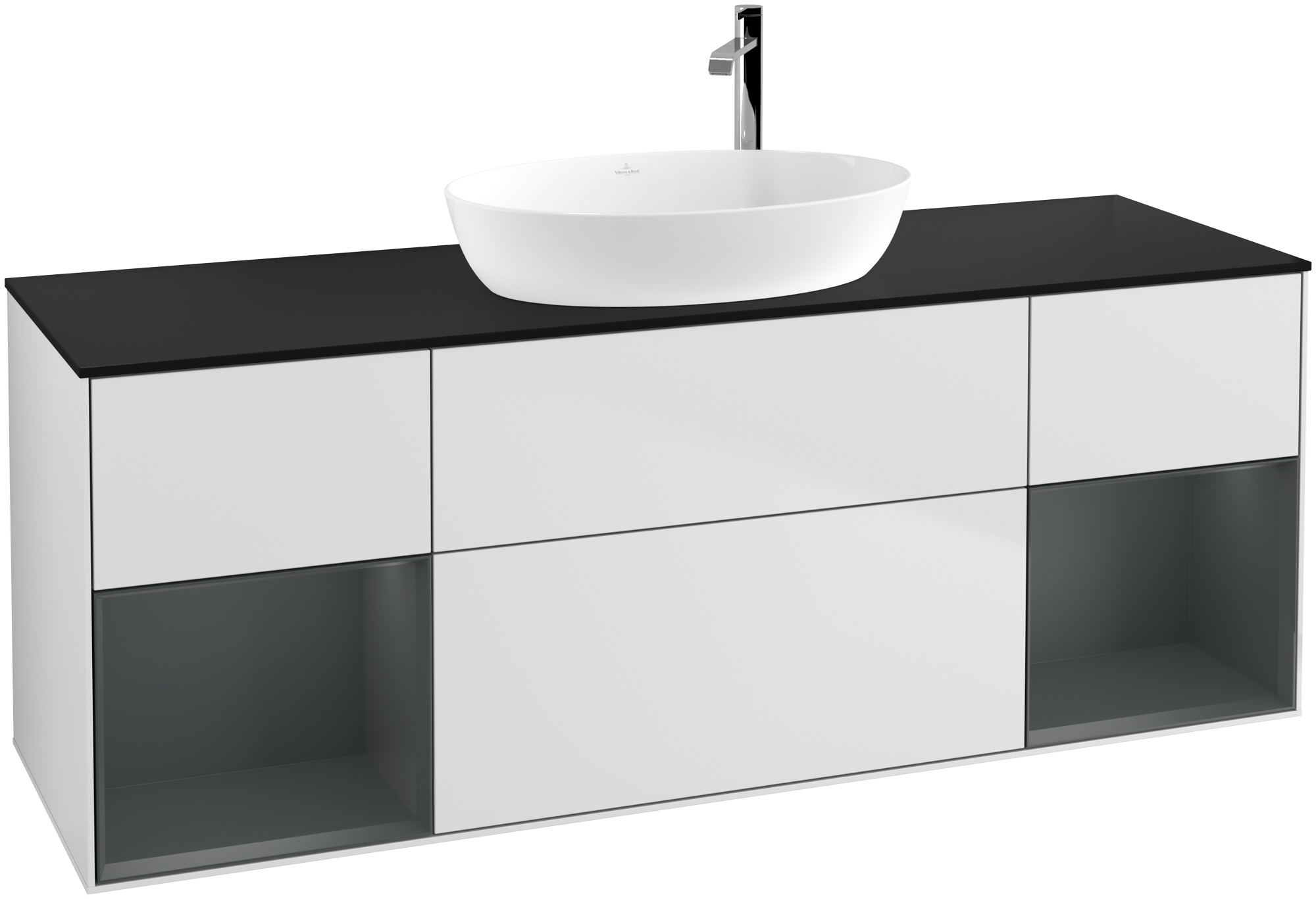 Villeroy & Boch Finion Vanity unit, with lighting, 4 pull-out compartments, 1600x603x501mm, Body: White Matt Lacquer, Front: White Matt Lacquer, Shelf: Midnight Blue Matt Lacquer, Cover plate: Glass Black Matt