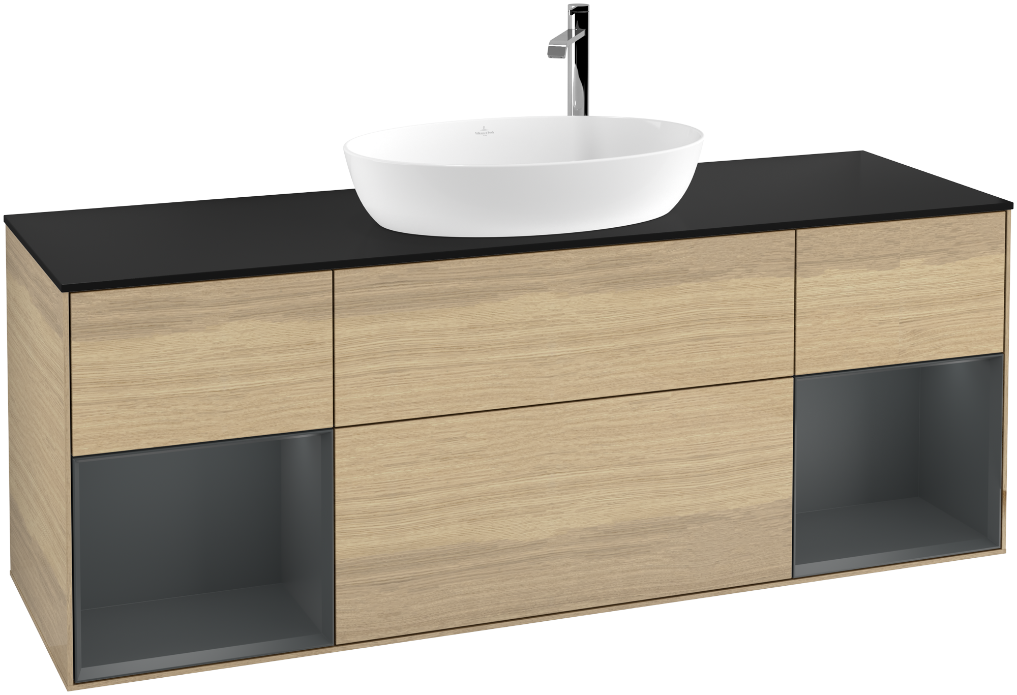 Villeroy & Boch Finion Vanity unit, with lighting, 4 pull-out compartments, 1600x603x501mm, Body: Oak Veneer, Front: Oak Veneer, Shelf: Midnight Blue Matt Lacquer, Cover plate: Glass Black Matt