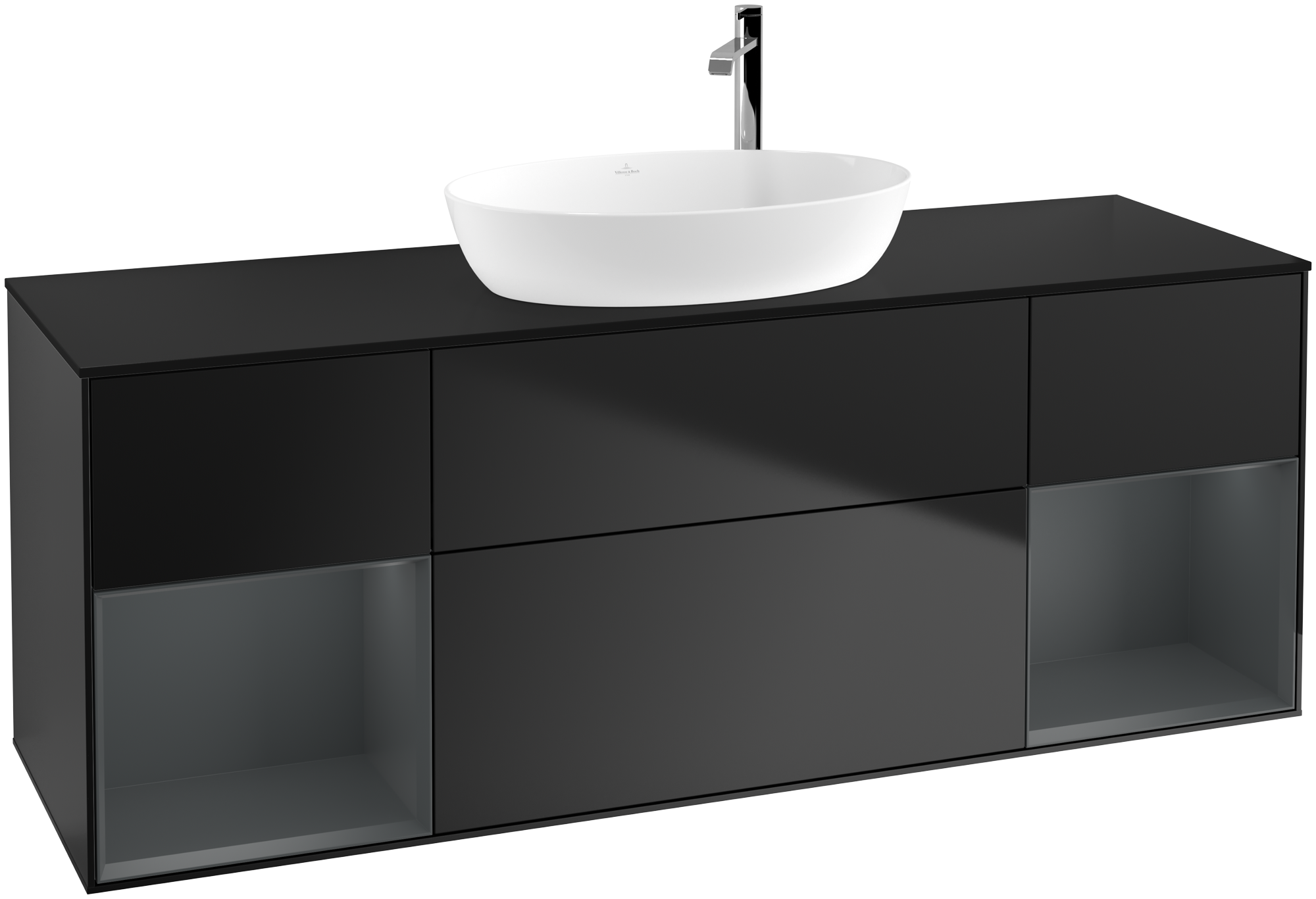 Villeroy & Boch Finion Vanity unit, with lighting, 4 pull-out compartments, 1600x603x501mm, Body: Black Matt Lacquer, Front: Black Matt Lacquer, Shelf: Midnight Blue Matt Lacquer, Cover plate: Glass Black Matt