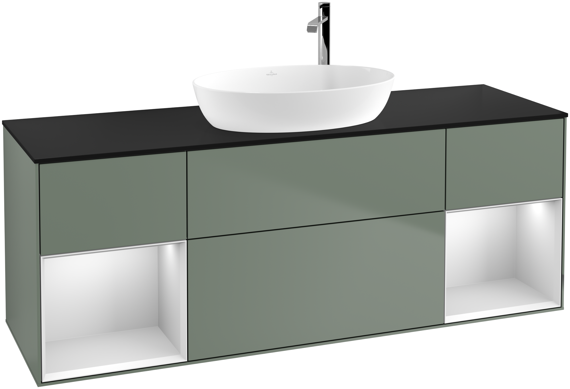 Villeroy & Boch Finion Vanity unit, with lighting, 4 pull-out compartments, 1600x603x501mm, Body: Olive Matt Lacquer, Front: Olive Matt Lacquer, Shelf: White Matt Lacquer, Cover plate: Glass Black Matt
