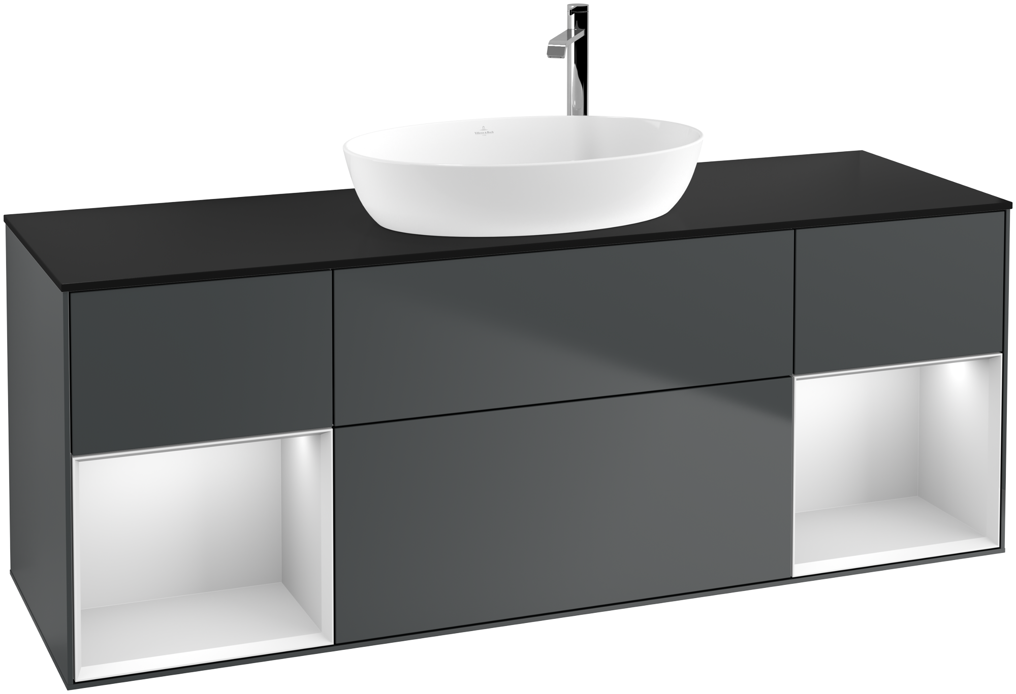 Villeroy & Boch Finion Vanity unit, with lighting, 4 pull-out compartments, 1600x603x501mm, Body: Midnight Blue Matt Lacquer, Front: Midnight Blue Matt Lacquer, Shelf: White Matt Lacquer, Cover plate: Glass Black Matt