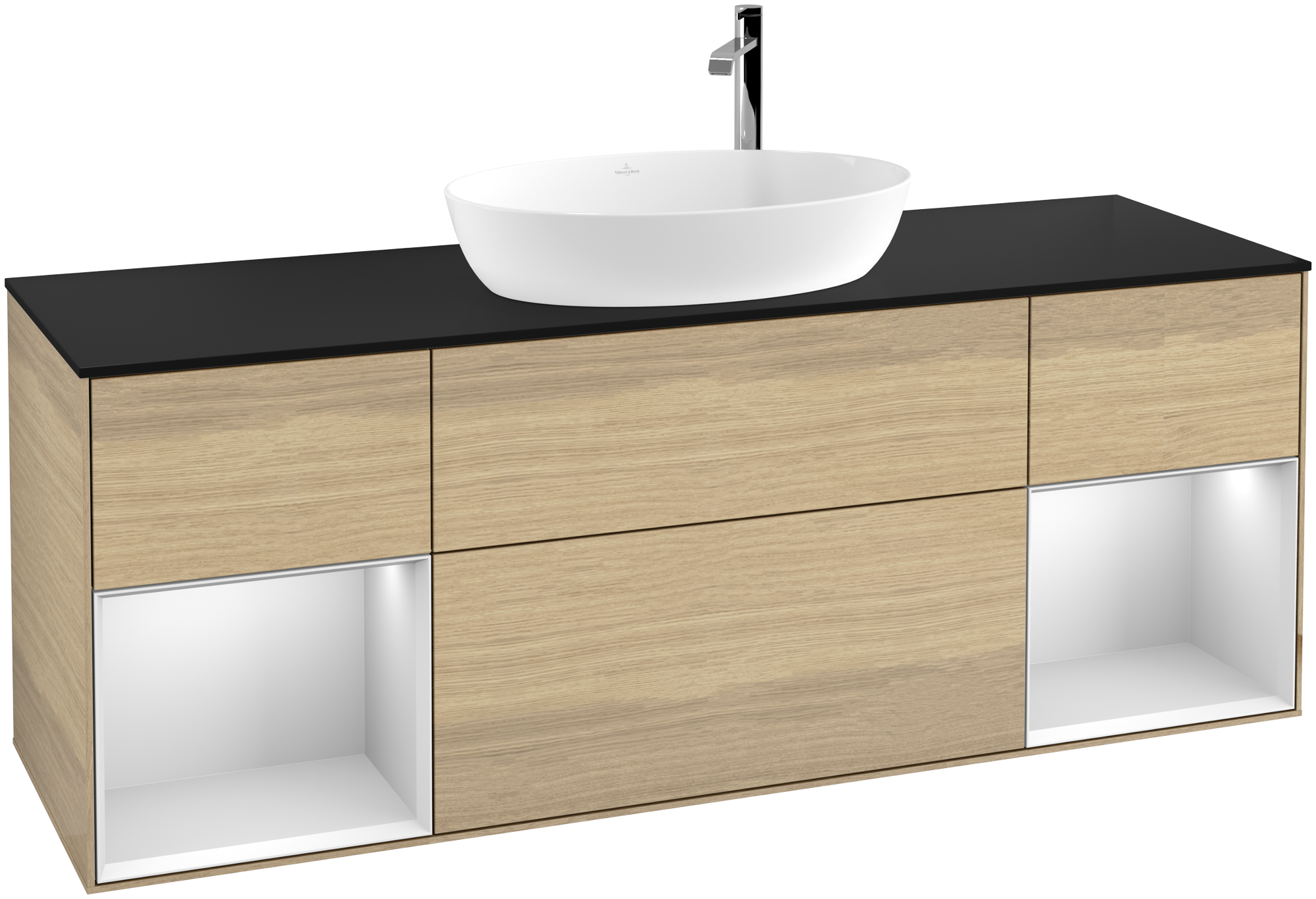 Villeroy & Boch Finion Vanity unit, with lighting, 4 pull-out compartments, 1600x603x501mm, Body: Oak Veneer, Front: Oak Veneer, Shelf: White Matt Lacquer, Cover plate: Glass Black Matt
