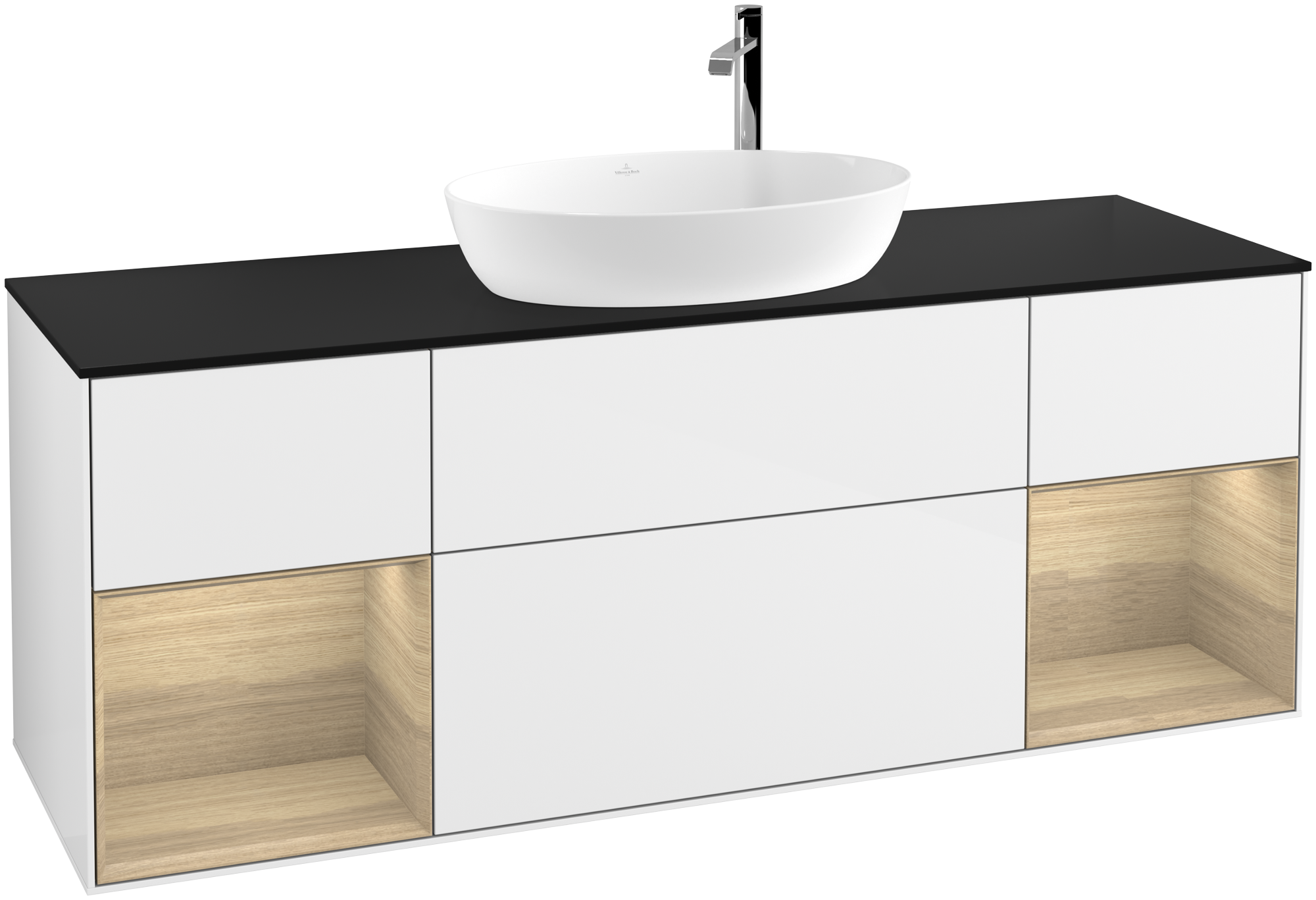 Villeroy & Boch Finion Vanity unit, with lighting, 4 pull-out compartments, 1600x603x501mm, Body: Glossy White Lacquer, Front: Glossy White Lacquer, Shelf: Oak Veneer, Cover plate: Glass Black Matt