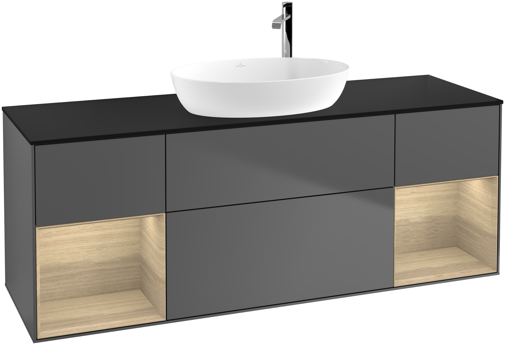 Villeroy & Boch Finion Vanity unit, with lighting, 4 pull-out compartments, 1600x603x501mm, Body: Anthracite Matt Lacquer, Front: Anthracite Matt Lacquer, Shelf: Oak Veneer, Cover plate: Glass Black Matt