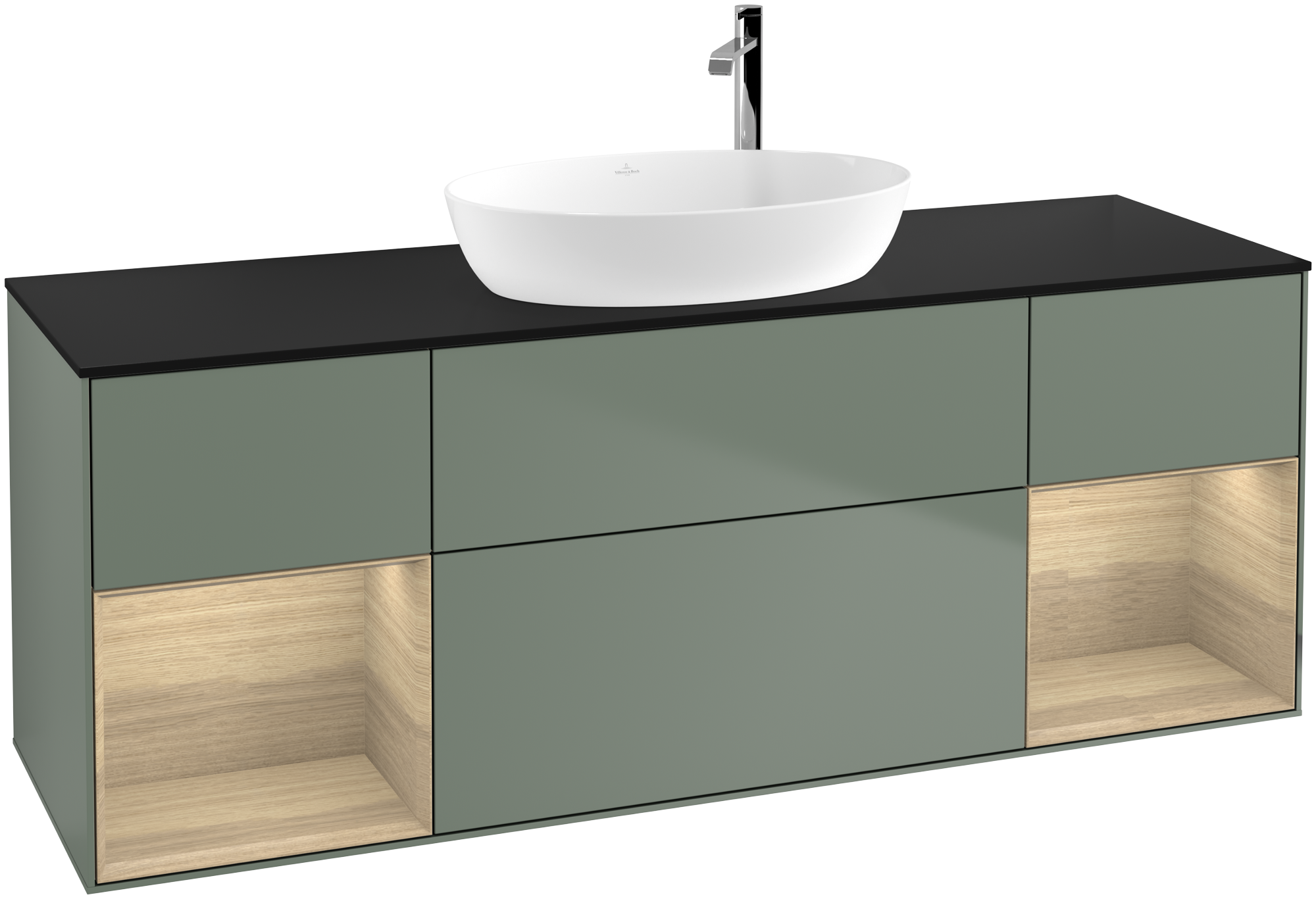 Villeroy & Boch Finion Vanity unit, with lighting, 4 pull-out compartments, 1600x603x501mm, Body: Olive Matt Lacquer, Front: Olive Matt Lacquer, Shelf: Oak Veneer, Cover plate: Glass Black Matt