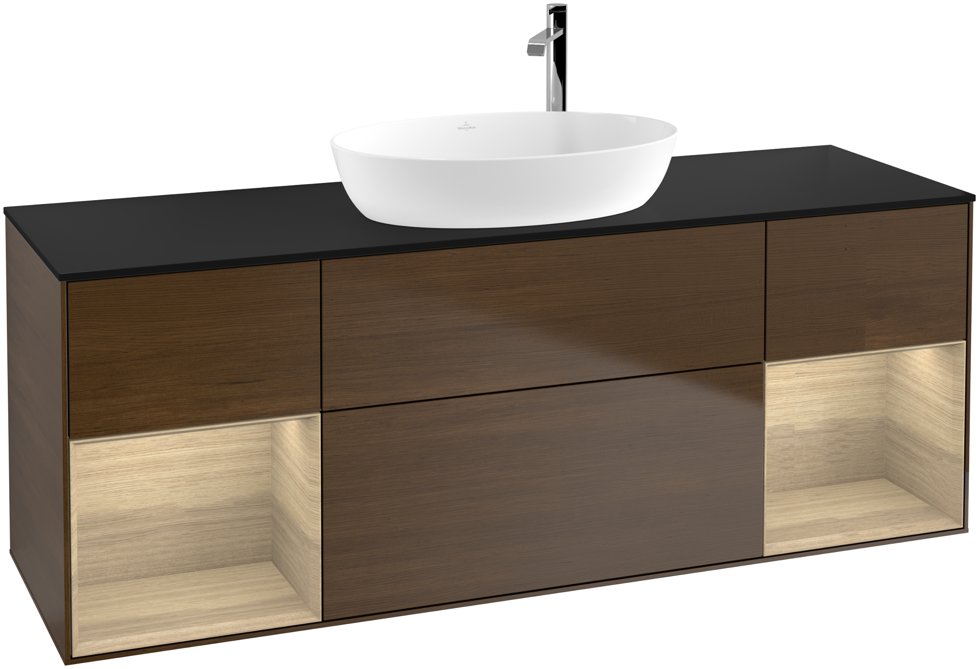 Villeroy & Boch Finion Vanity unit, with lighting, 4 pull-out compartments, 1600x603x501mm, Body: Walnut Veneer, Front: Walnut Veneer, Shelf: Oak Veneer, Cover plate: Glass Black Matt