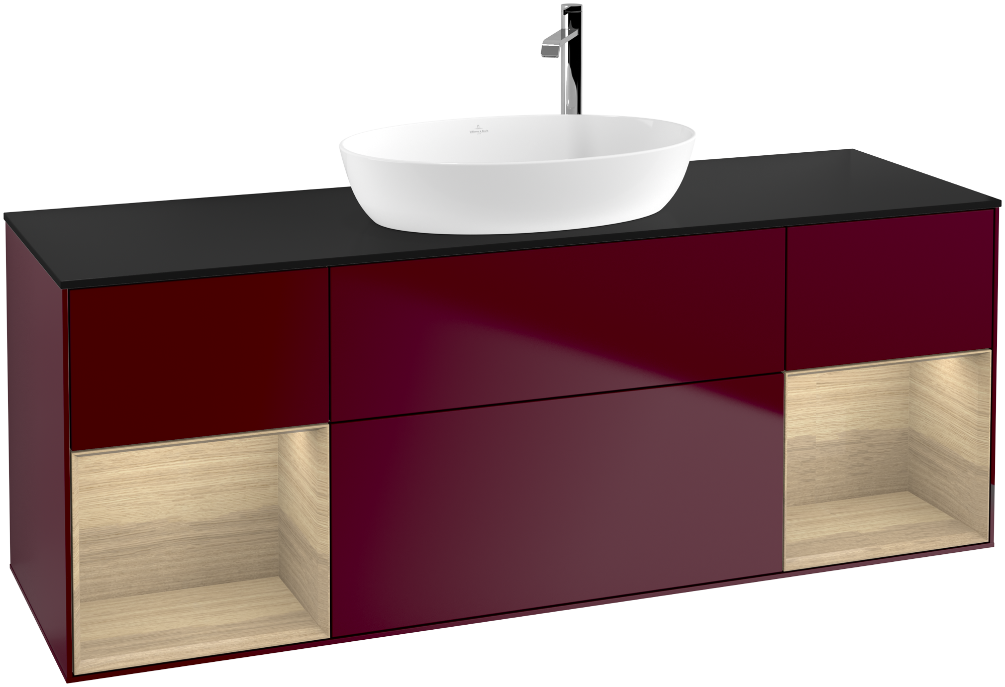 Villeroy & Boch Finion Vanity unit, with lighting, 4 pull-out compartments, 1600x603x501mm, Body: Peony Matt Lacquer, Front: Peony Matt Lacquer, Shelf: Oak Veneer, Cover plate: Glass Black Matt