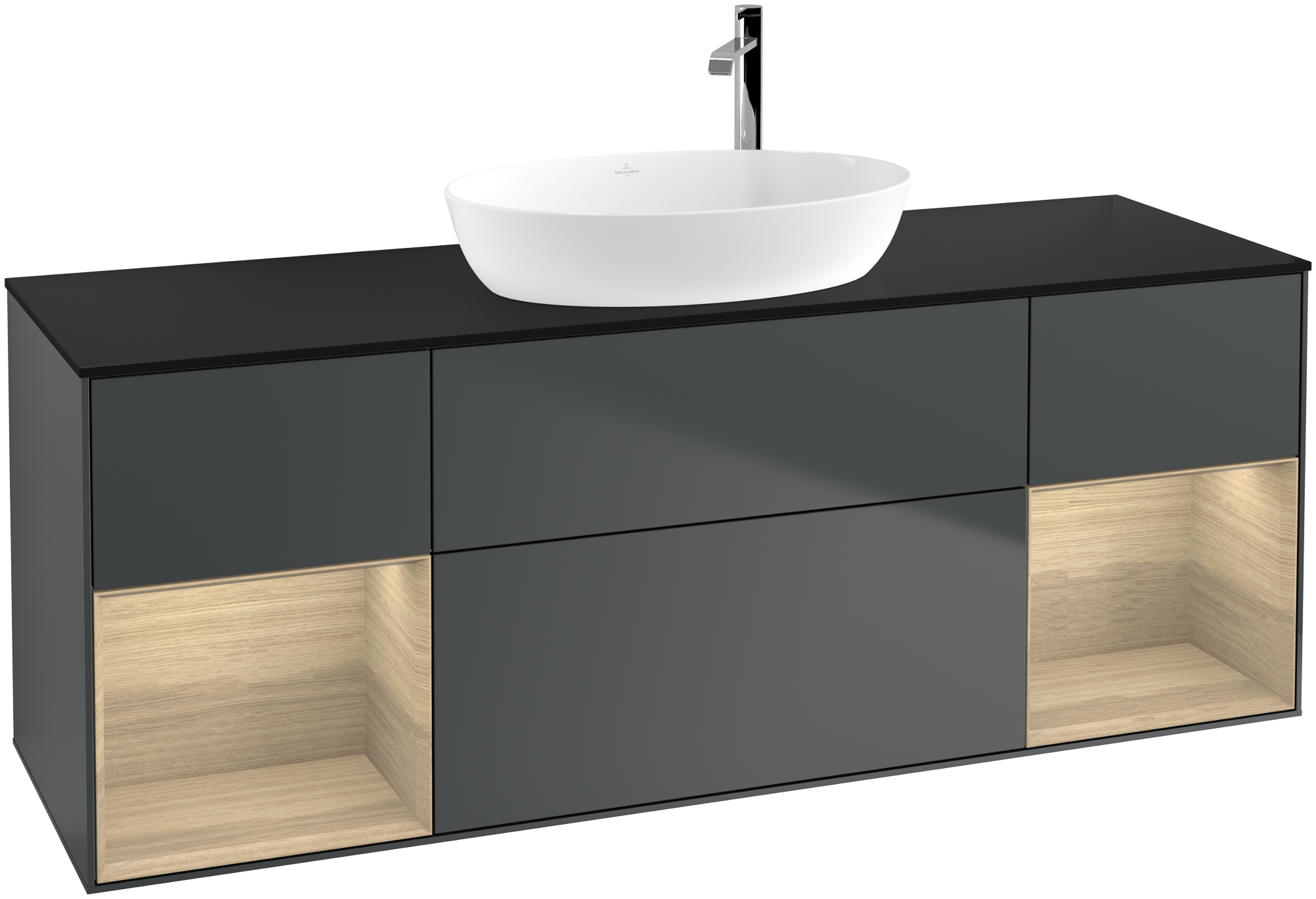 Villeroy & Boch Finion Vanity unit, with lighting, 4 pull-out compartments, 1600x603x501mm, Body: Midnight Blue Matt Lacquer, Front: Midnight Blue Matt Lacquer, Shelf: Oak Veneer, Cover plate: Glass Black Matt