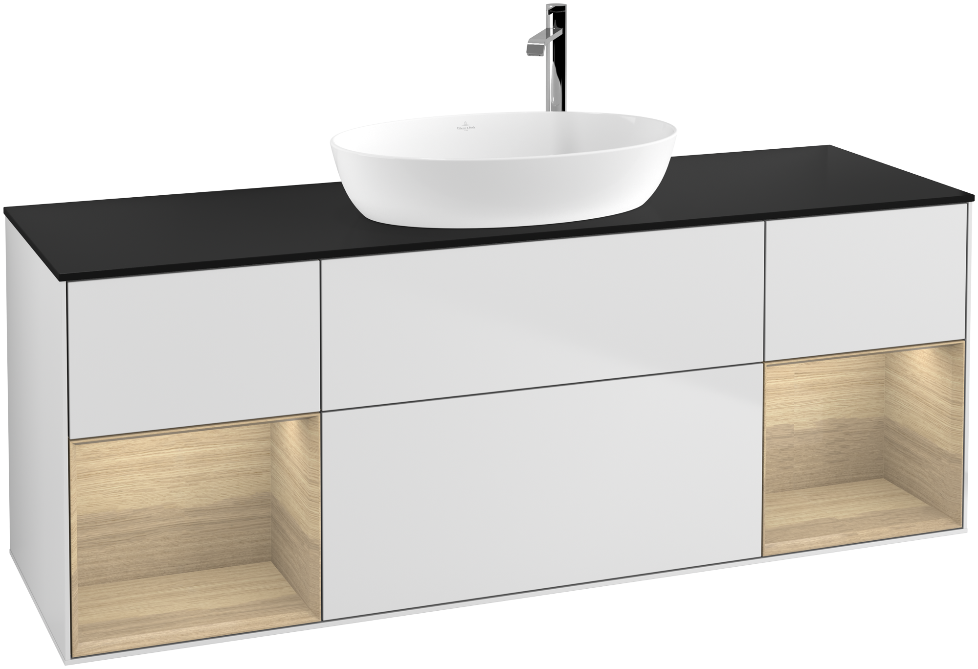 Villeroy & Boch Finion Vanity unit, with lighting, 4 pull-out compartments, 1600x603x501mm, Body: White Matt Lacquer, Front: White Matt Lacquer, Shelf: Oak Veneer, Cover plate: Glass Black Matt
