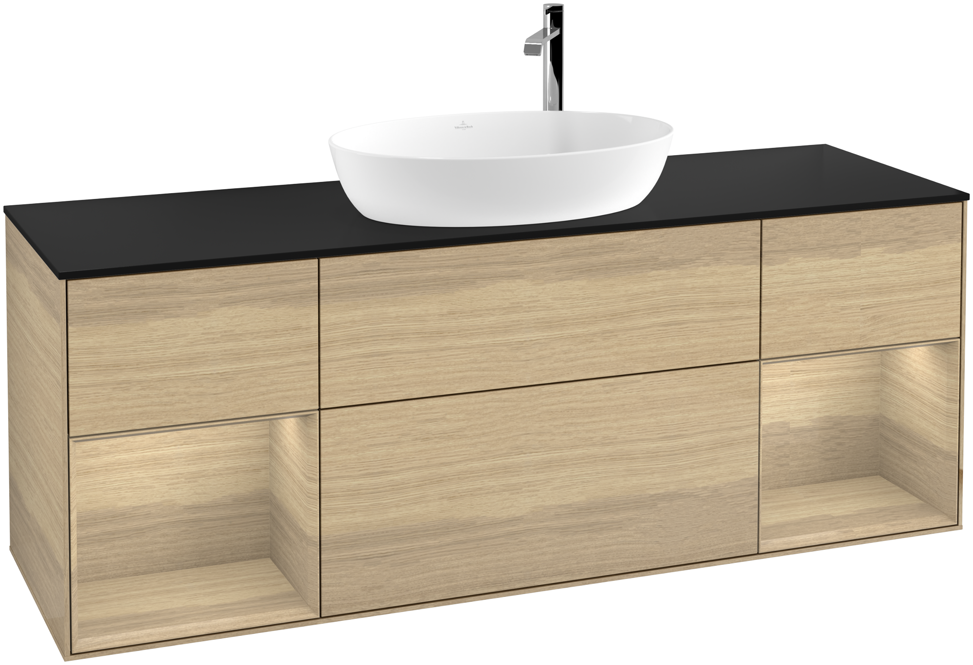 Villeroy & Boch Finion Vanity unit, with lighting, 4 pull-out compartments, 1600x603x501mm, Body: Oak Veneer, Front: Oak Veneer, Shelf: Oak Veneer, Cover plate: Glass Black Matt
