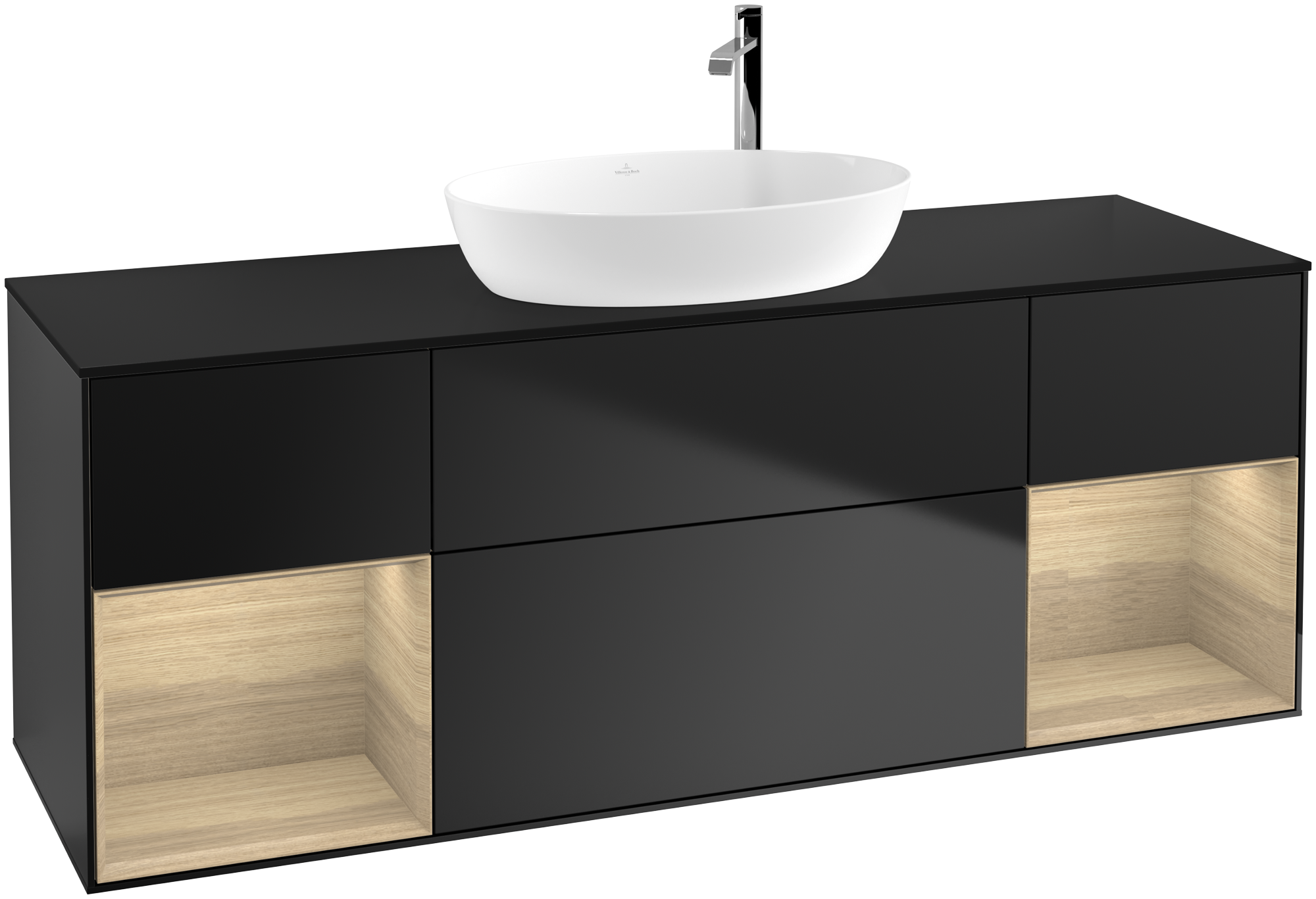 Villeroy & Boch Finion Vanity unit, with lighting, 4 pull-out compartments, 1600x603x501mm, Body: Black Matt Lacquer, Front: Black Matt Lacquer, Shelf: Oak Veneer, Cover plate: Glass Black Matt