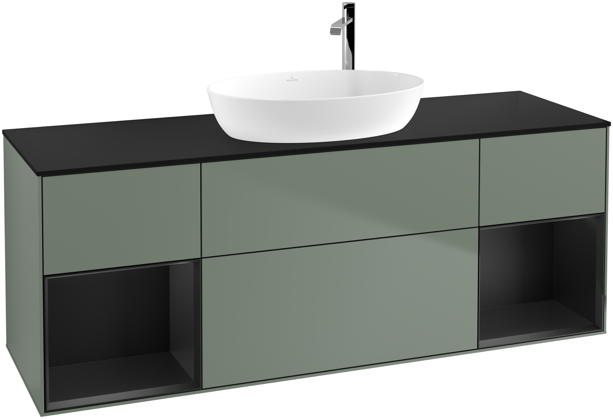 Villeroy & Boch Finion Vanity unit, with lighting, 4 pull-out compartments, 1600x603x501mm, Body: Olive Matt Lacquer, Front: Olive Matt Lacquer, Shelf: Black Matt Lacquer, Cover plate: Glass Black Matt