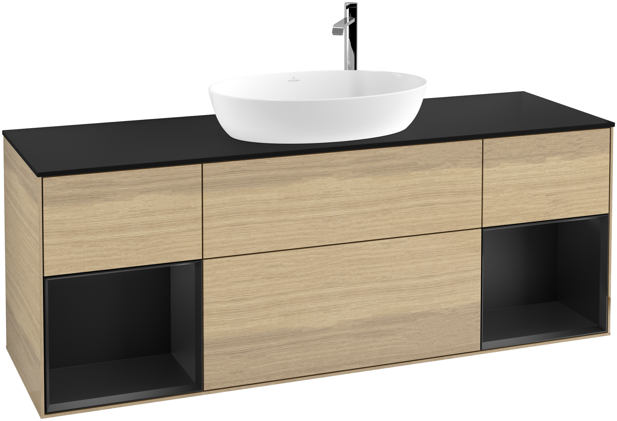 Villeroy & Boch Finion Vanity unit, with lighting, 4 pull-out compartments, 1600x603x501mm, Body: Oak Veneer, Front: Oak Veneer, Shelf: Black Matt Lacquer, Cover plate: Glass Black Matt