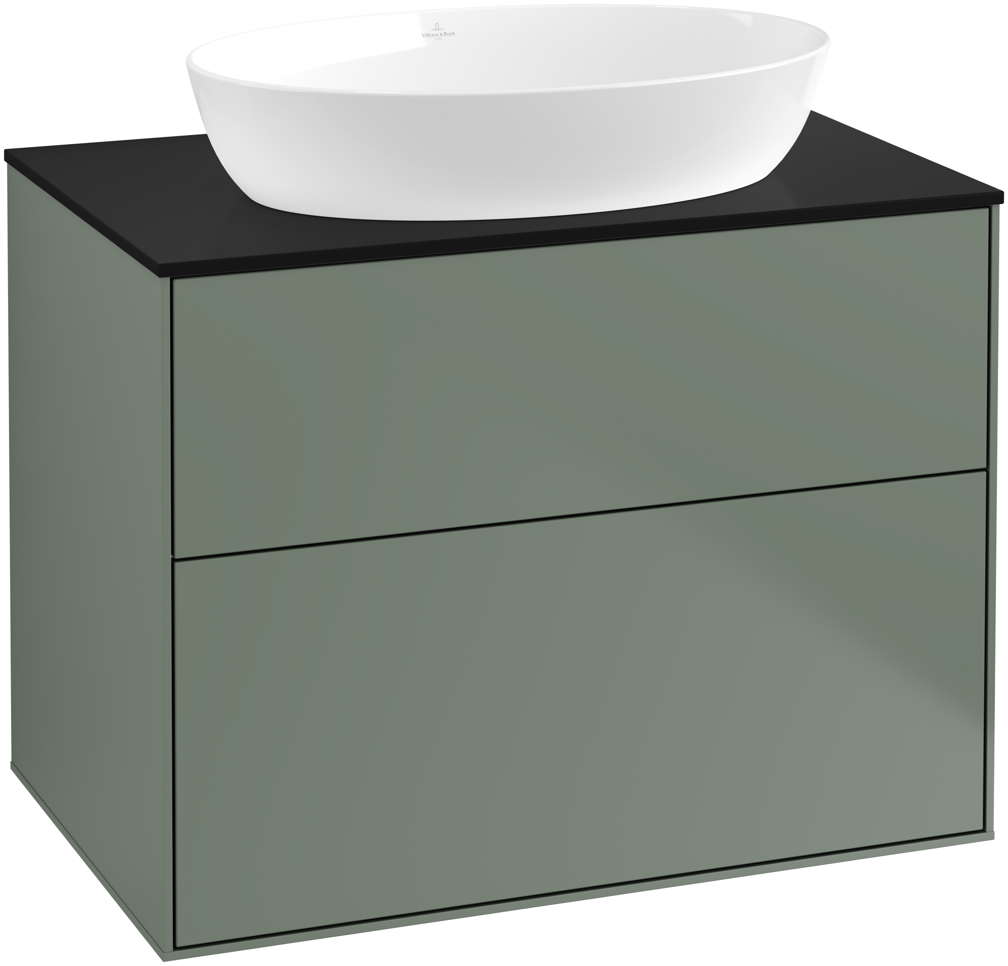 Villeroy & Boch Finion Vanity unit, with lighting, 2 pull-out compartments, 800x603x501mm, Body: Olive Matt Lacquer, Front: Olive Matt Lacquer, Cover plate: Glass Black Matt