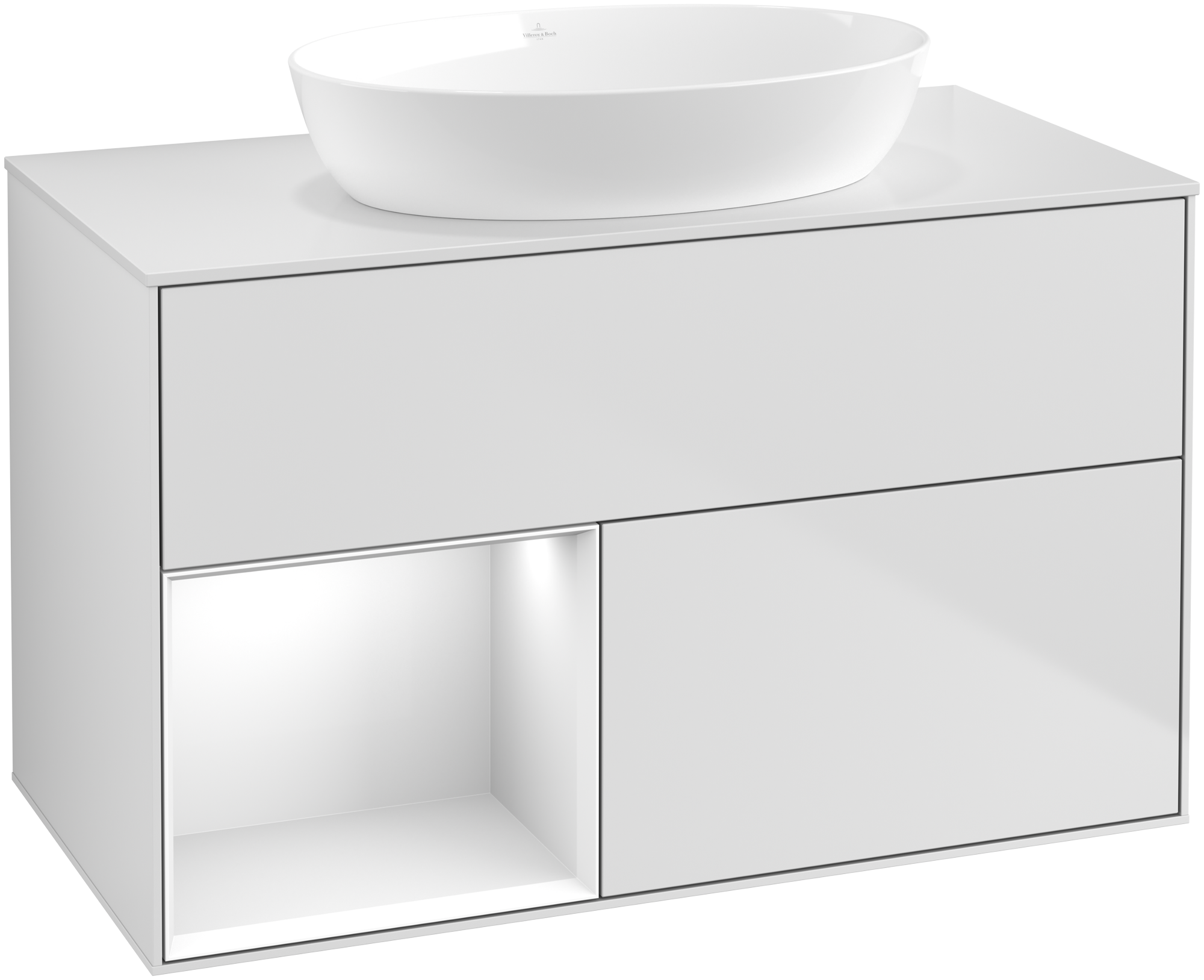 Villeroy & Boch Finion Meuble sous plan, avec éclairage, 2 tiroirs sur rails, 1000x603x501mm, Caisson: White Matt Lacquer, Façade: White Matt Lacquer, Élément d’étagère: Glossy White Lacquer, Plaque de recouvrement: Glass White Matt