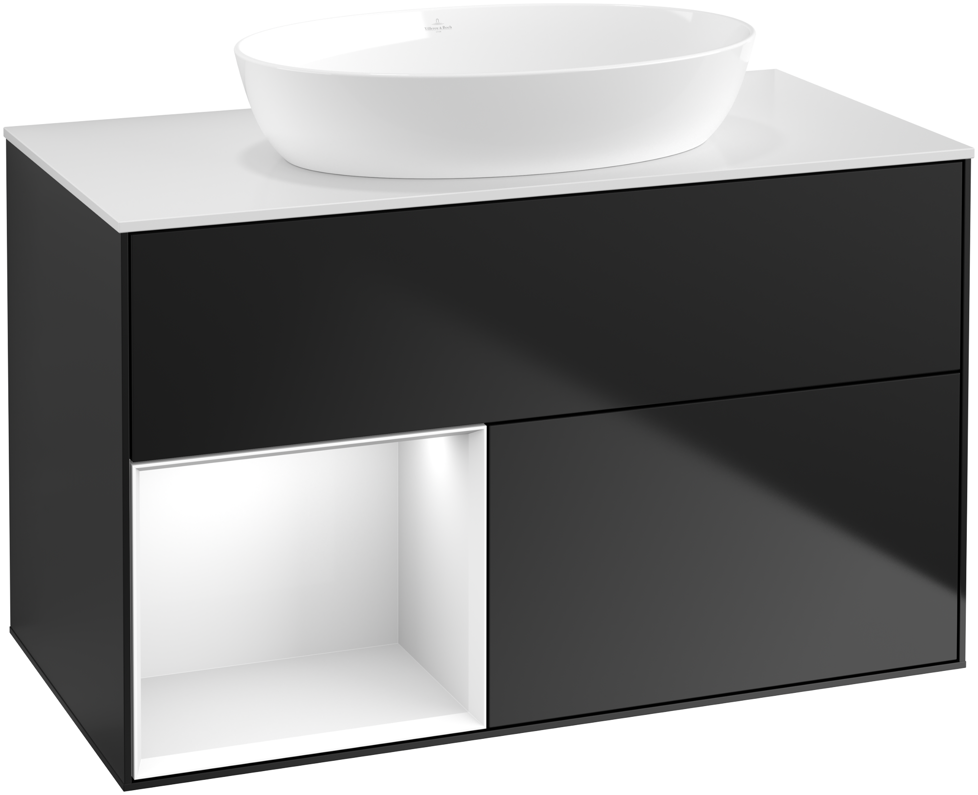 Villeroy & Boch Finion Meuble sous plan, avec éclairage, 2 tiroirs sur rails, 1000x603x501mm, Caisson: Black Matt Lacquer, Façade: Black Matt Lacquer, Élément d’étagère: Glossy White Lacquer, Plaque de recouvrement: Glass White Matt