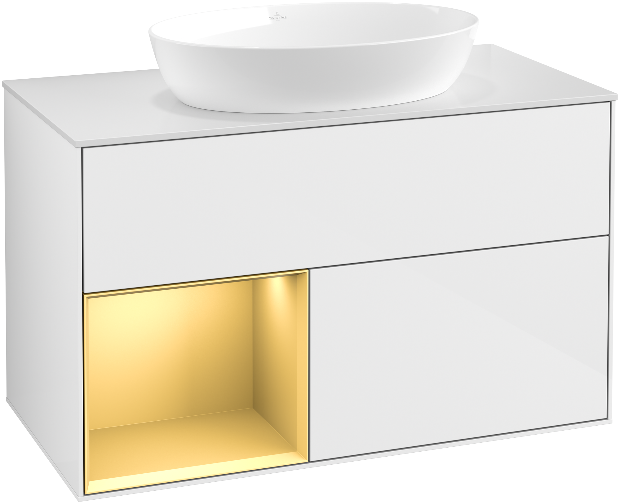Villeroy & Boch Finion Waschbeckenunterschrank, mit Beleuchtung, 2 Auszüge, 1000x603x501mm, Korpus: Glossy White Lacquer, Front: Glossy White Lacquer, Regalelement: Gold Matt Lacquer, Abdeckplatte: Glass White Matt