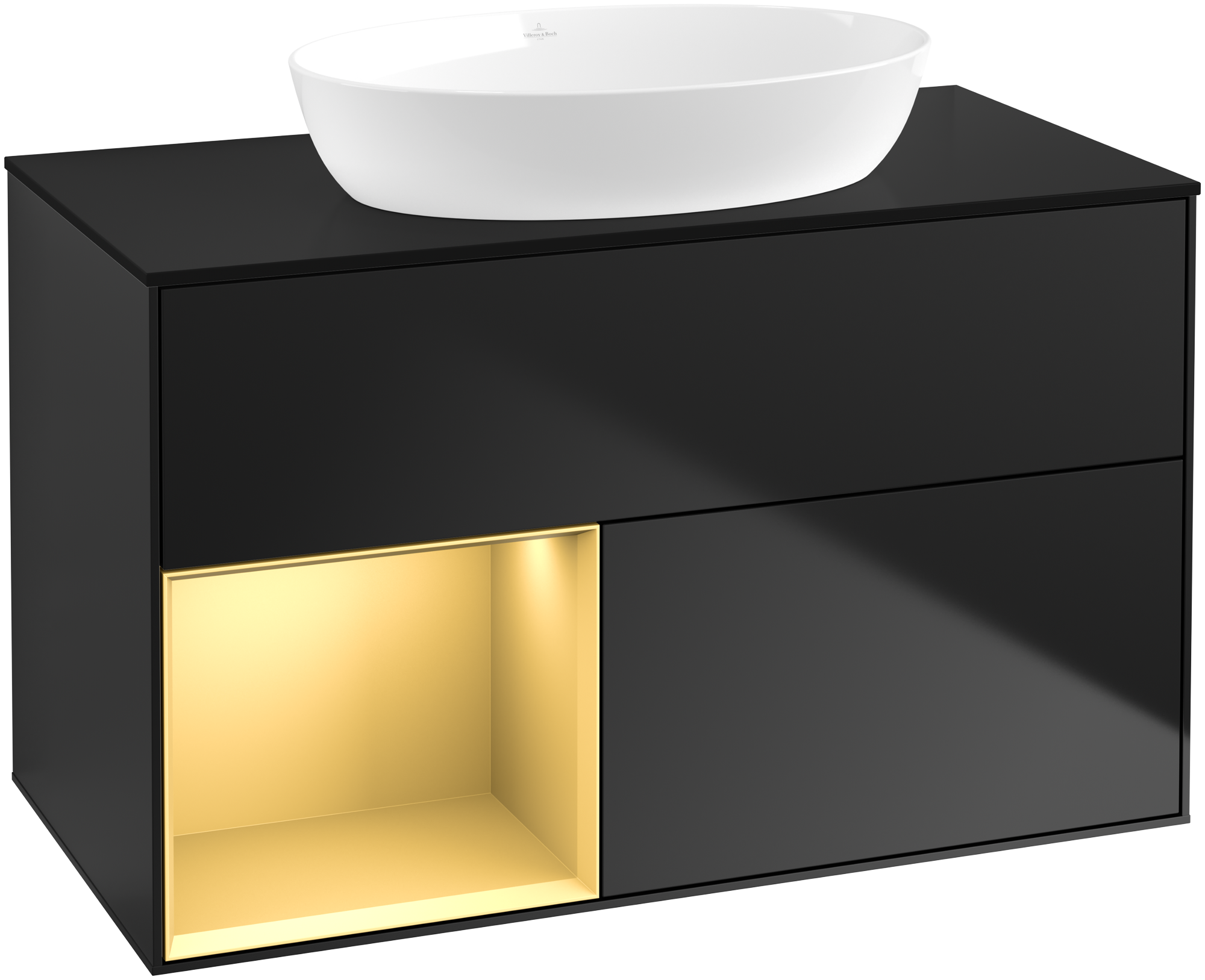 Villeroy & Boch Finion Meuble sous plan, avec éclairage, 2 tiroirs sur rails, 1000x603x501mm, Caisson: Black Matt Lacquer, Façade: Black Matt Lacquer, Élément d’étagère: Gold Matt Lacquer, Plaque de recouvrement: Glass Black Matt