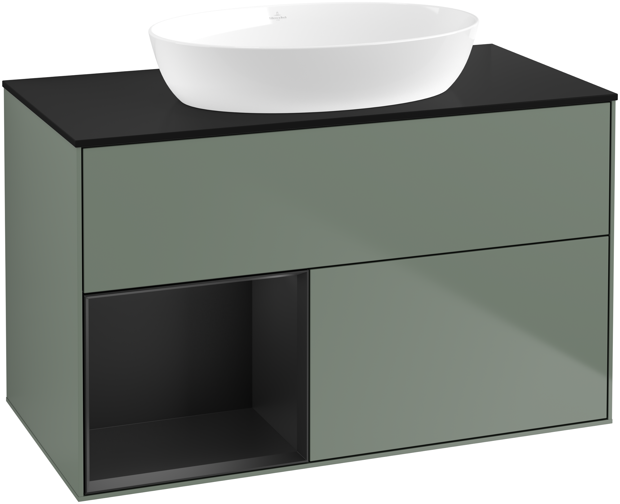 Villeroy & Boch 福朗 梳洗柜, 含照明, 2 个拉出式抽屉, 1000x603x501mm, 主体: 哑光橄榄绿烤漆, 正面: 哑光橄榄绿烤漆, 置物架: 黑色哑光烤漆, 顶部: 玻璃哑光黑色