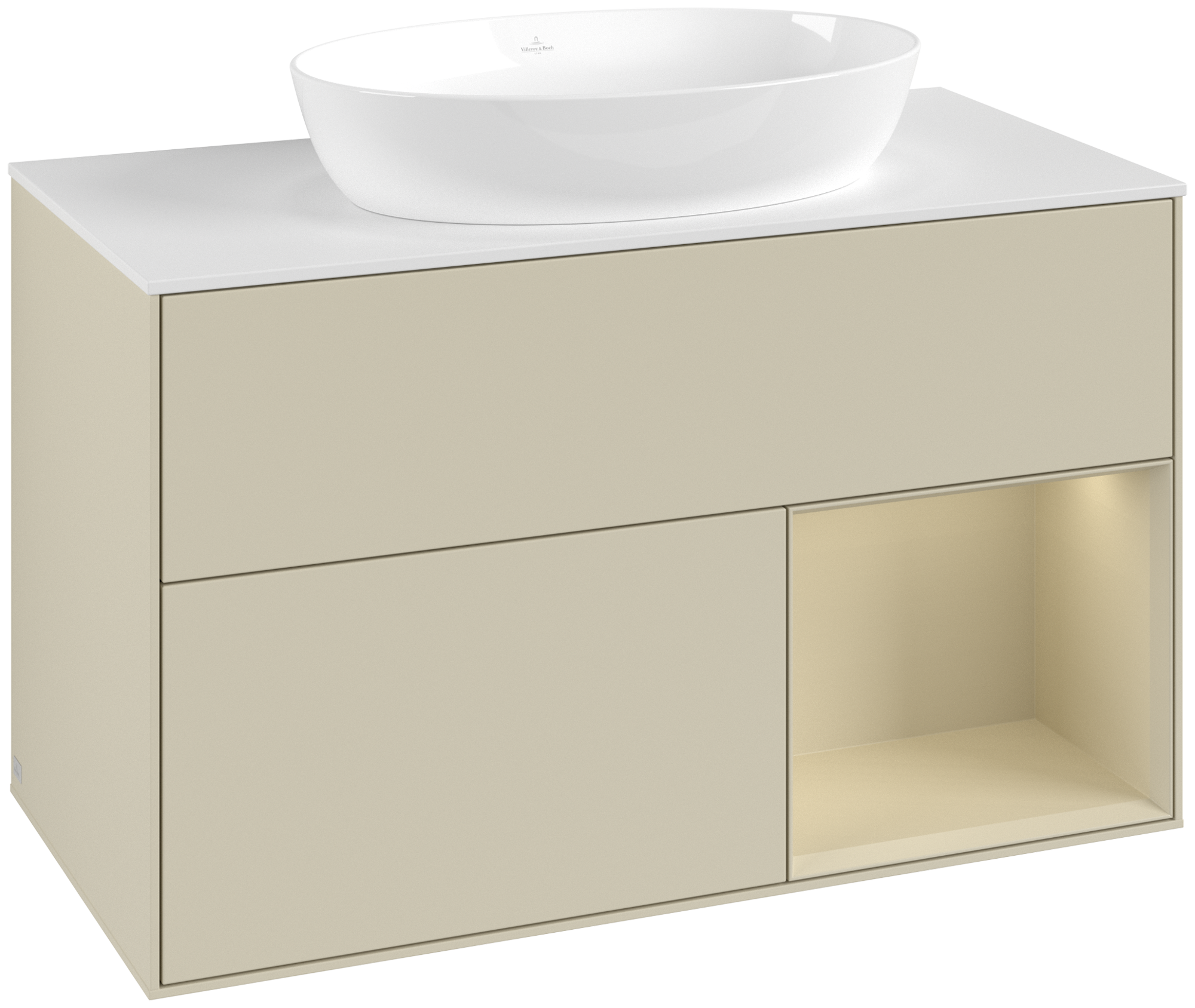 Villeroy & Boch Finion Waschbeckenunterschrank, mit Beleuchtung, 2 Auszüge, 1000x603x501mm, Korpus: Silk Grey Matt Lacquer, Front: Silk Grey Matt Lacquer, Regalelement: Silk Grey Matt Lacquer, Abdeckplatte: Glass White Matt