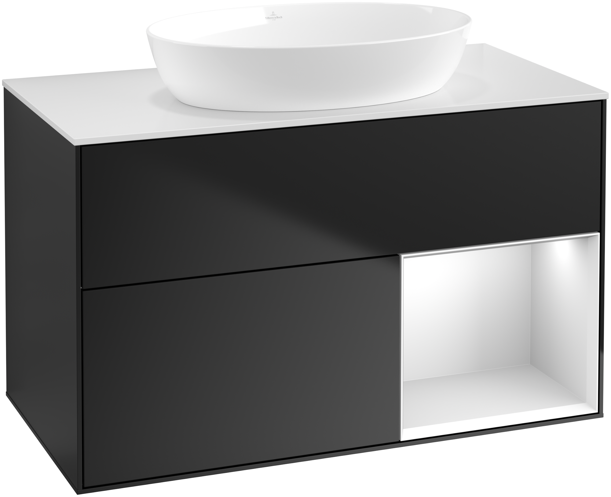 Villeroy & Boch Finion Vanity unit, with lighting, 2 pull-out compartments, 1000x603x501mm, Body: Black Matt Lacquer, Front: Black Matt Lacquer, Shelf: White Matt Lacquer, Cover plate: Glass White Matt