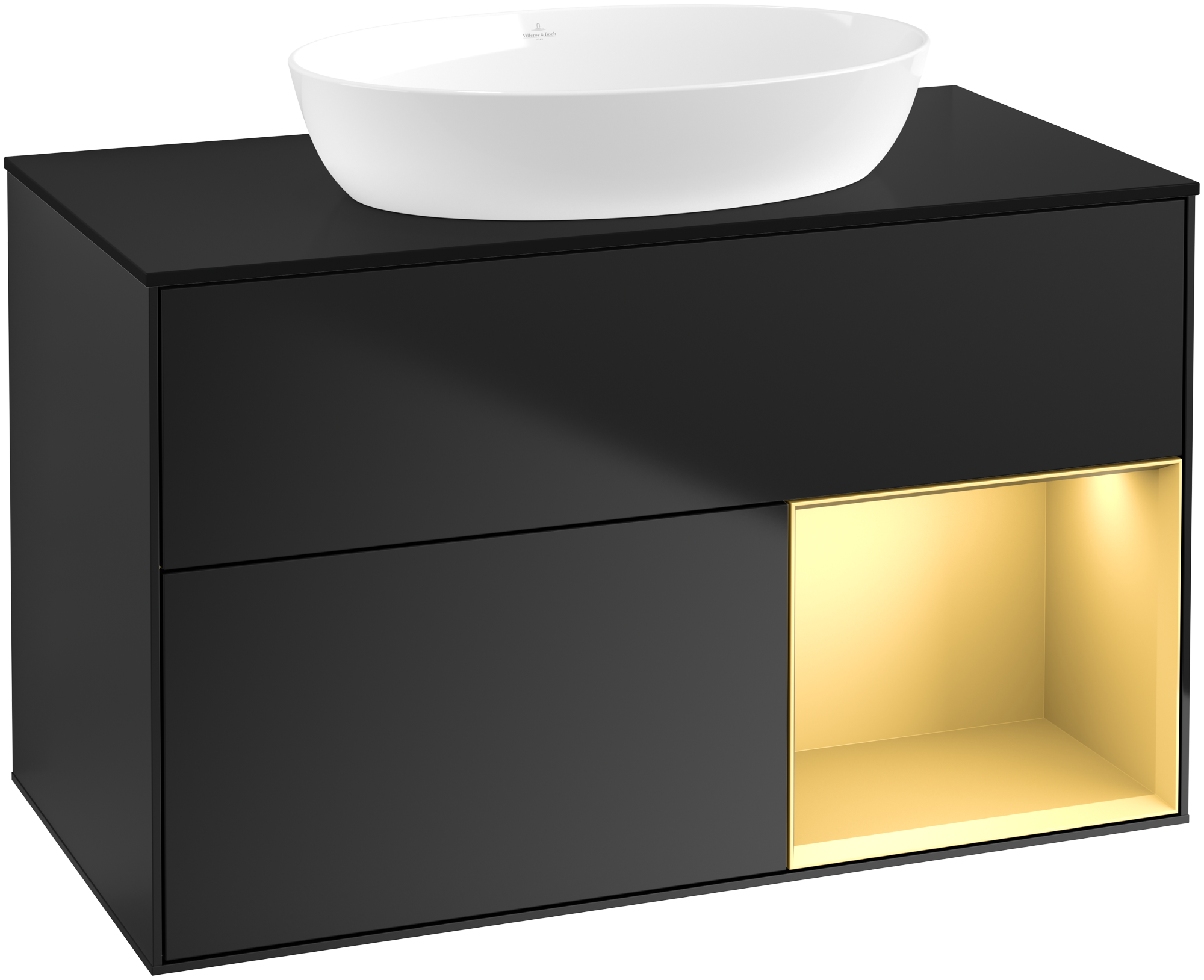 Villeroy & Boch Finion Waschbeckenunterschrank, mit Beleuchtung, 2 Auszüge, 1000x603x501mm, Korpus: Black Matt Lacquer, Front: Black Matt Lacquer, Regalelement: Gold Matt Lacquer, Abdeckplatte: Glass Black Matt