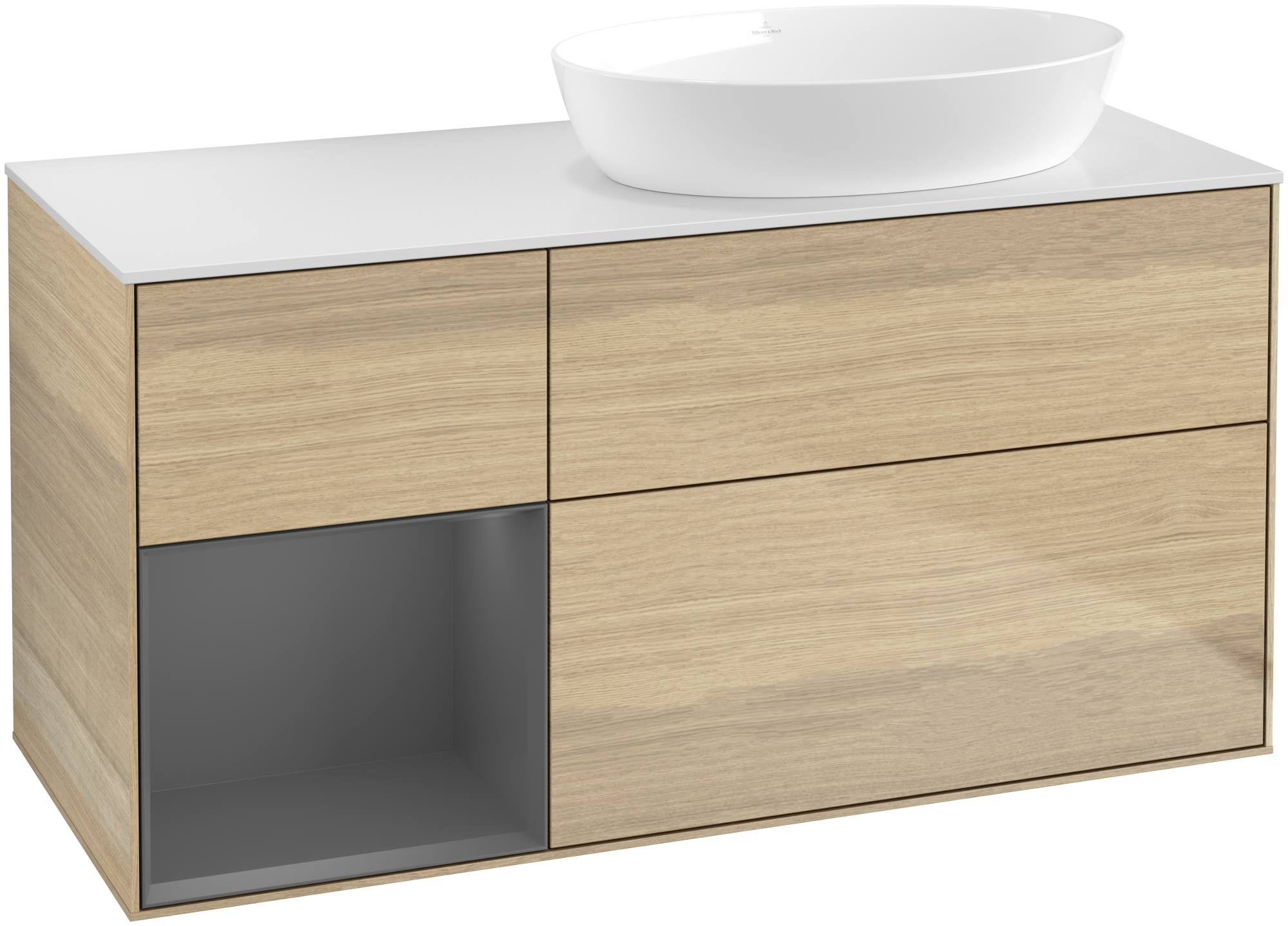 Villeroy & Boch Finion Waschbeckenunterschrank, mit Beleuchtung, 3 Auszüge, 1200x603x501mm, Korpus: Oak Veneer, Front: Oak Veneer, Regalelement: Anthracite Matt Lacquer, Abdeckplatte: Glass White Matt