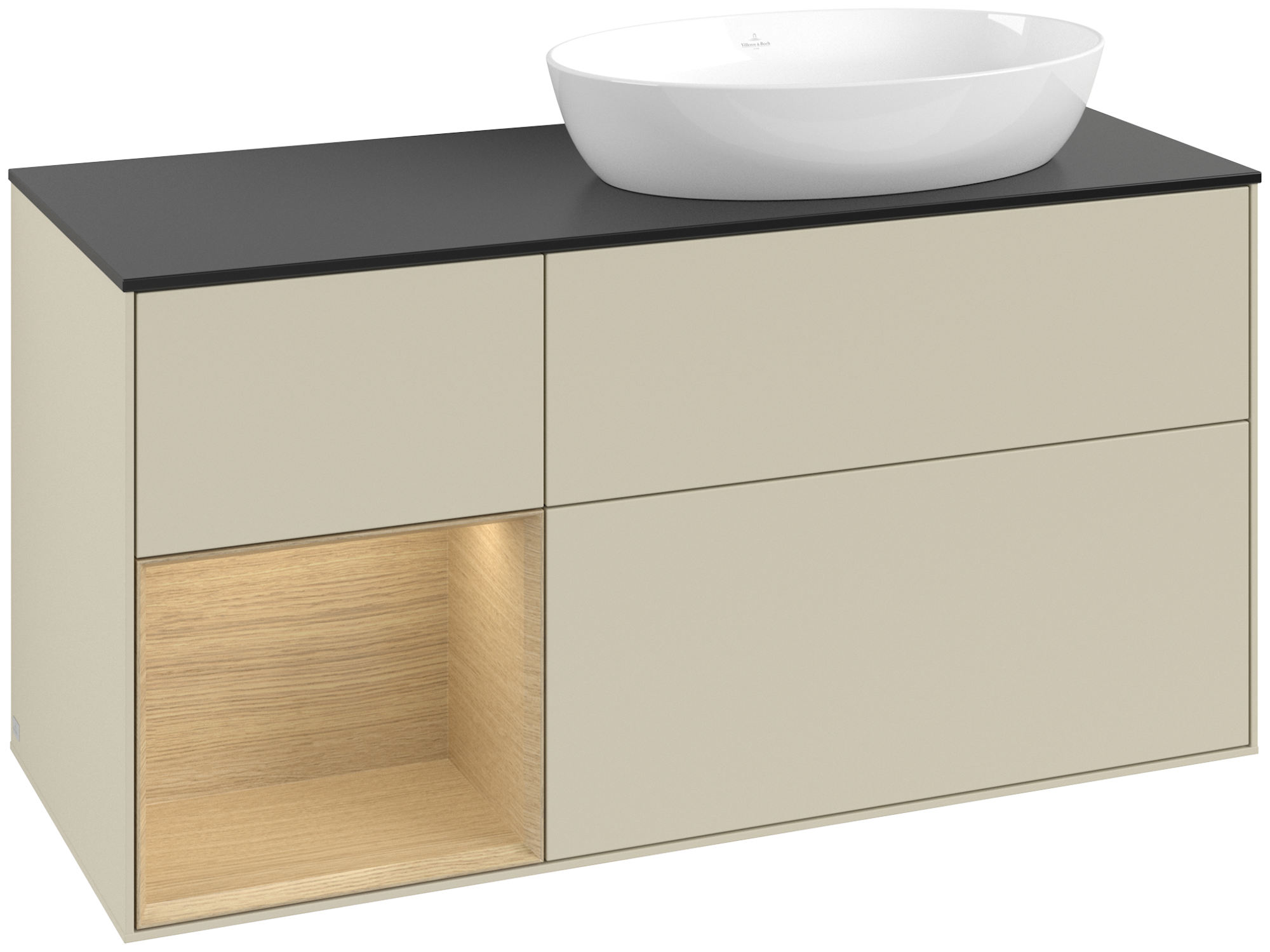 Villeroy & Boch Finion Waschbeckenunterschrank, mit Beleuchtung, 3 Auszüge, 1200x603x501mm, Korpus: Silk Grey Matt Lacquer, Front: Silk Grey Matt Lacquer, Regalelement: Oak Veneer, Abdeckplatte: Glass Black Matt