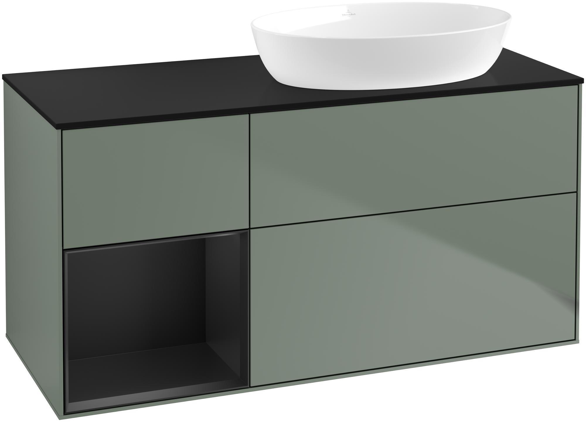 Villeroy & Boch Finion Wastafelonderkast, met verlichting, 3 uittrekladen, 1200x603x501mm, Corpus: Olive Matt Lacquer, Front: Olive Matt Lacquer, Rekelement: Black Matt Lacquer, Afdekplaat: Glass Black Matt