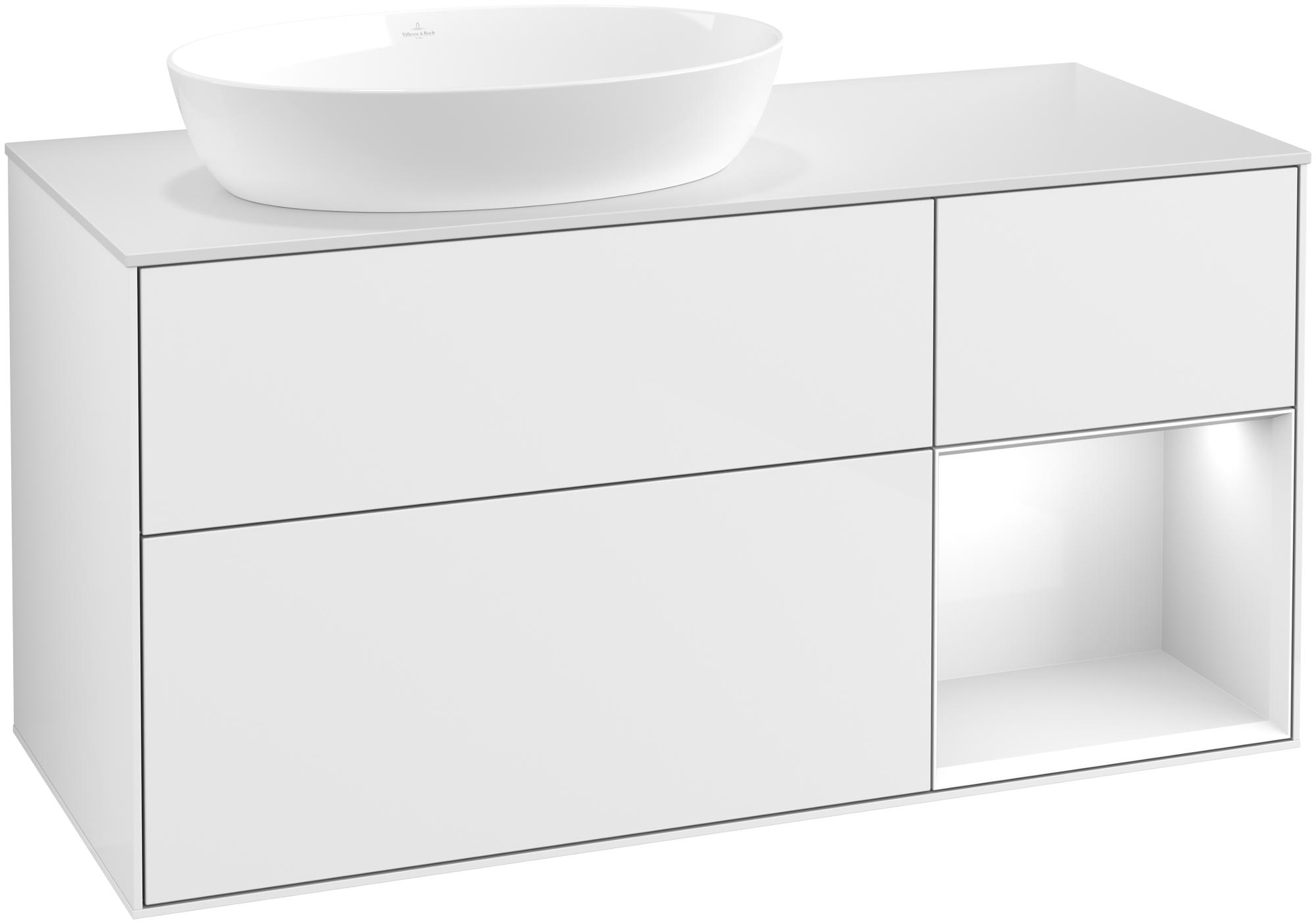 Villeroy & Boch Finion Waschbeckenunterschrank, mit Beleuchtung, 3 Auszüge, 1200x603x501mm, Korpus: Glossy White Lacquer, Front: Glossy White Lacquer, Regalelement: Glossy White Lacquer, Abdeckplatte: Glass White Matt