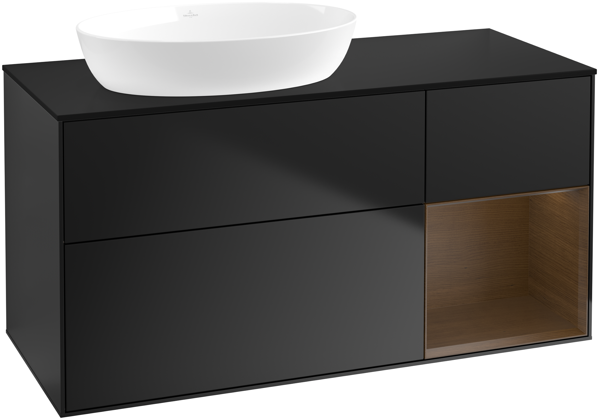 Villeroy & Boch Finion Meuble sous plan, avec éclairage, 3 tiroirs sur rails, 1200x603x501mm, Caisson: Black Matt Lacquer, Façade: Black Matt Lacquer, Élément d’étagère: Walnut Veneer, Plaque de recouvrement: Glass Black Matt