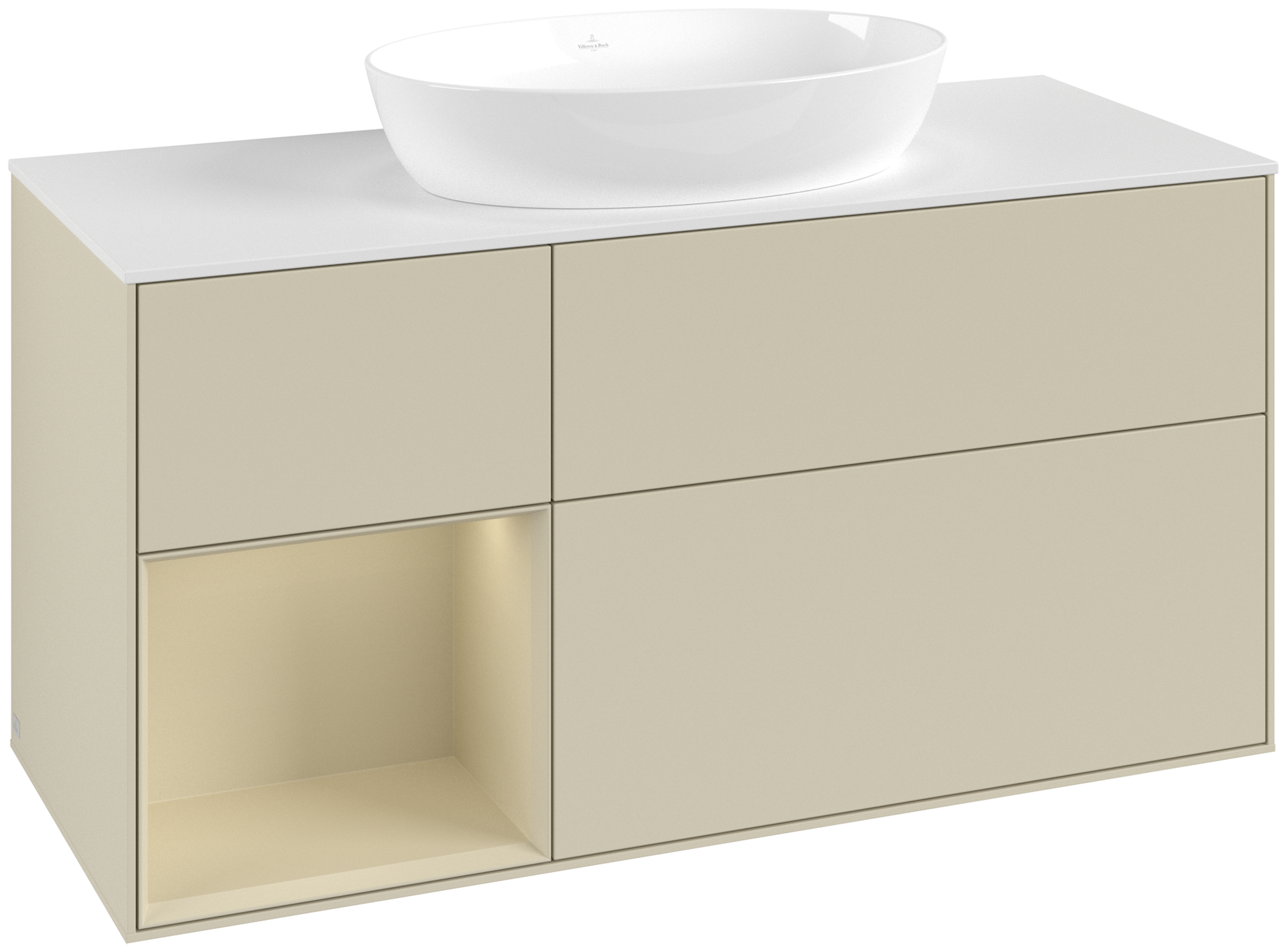 Villeroy & Boch Finion Waschbeckenunterschrank, mit Beleuchtung, 3 Auszüge, 1200x603x501mm, Korpus: Silk Grey Matt Lacquer, Front: Silk Grey Matt Lacquer, Regalelement: Silk Grey Matt Lacquer, Abdeckplatte: Glass White Matt