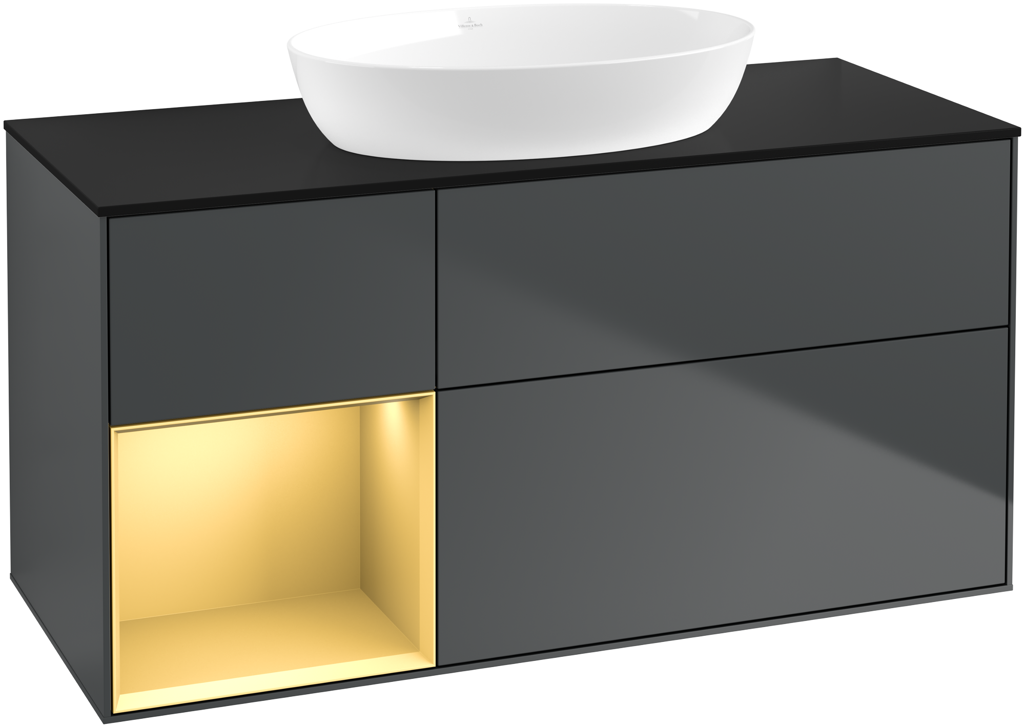 Villeroy & Boch Finion Waschbeckenunterschrank, mit Beleuchtung, 3 Auszüge, 1200x603x501mm, Korpus: Midnight Blue Matt Lacquer, Front: Midnight Blue Matt Lacquer, Regalelement: Gold Matt Lacquer, Abdeckplatte: Glass Black Matt