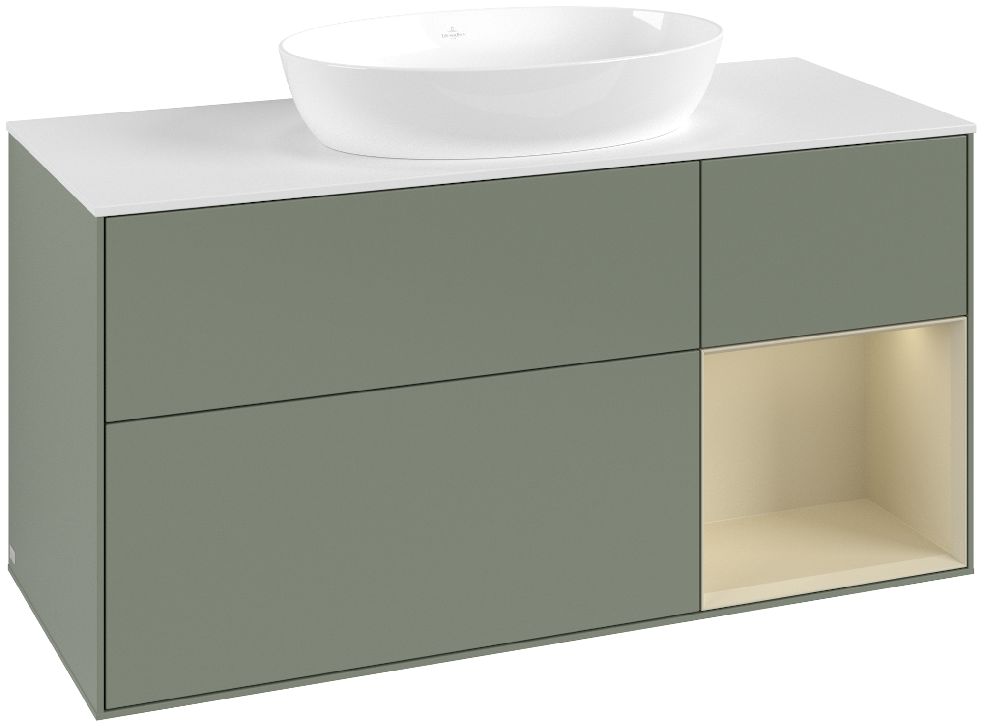 Villeroy & Boch Finion Waschbeckenunterschrank, mit Beleuchtung, 3 Auszüge, 1200x603x501mm, Korpus: Olive Matt Lacquer, Front: Olive Matt Lacquer, Regalelement: Silk Grey Matt Lacquer, Abdeckplatte: Glass White Matt