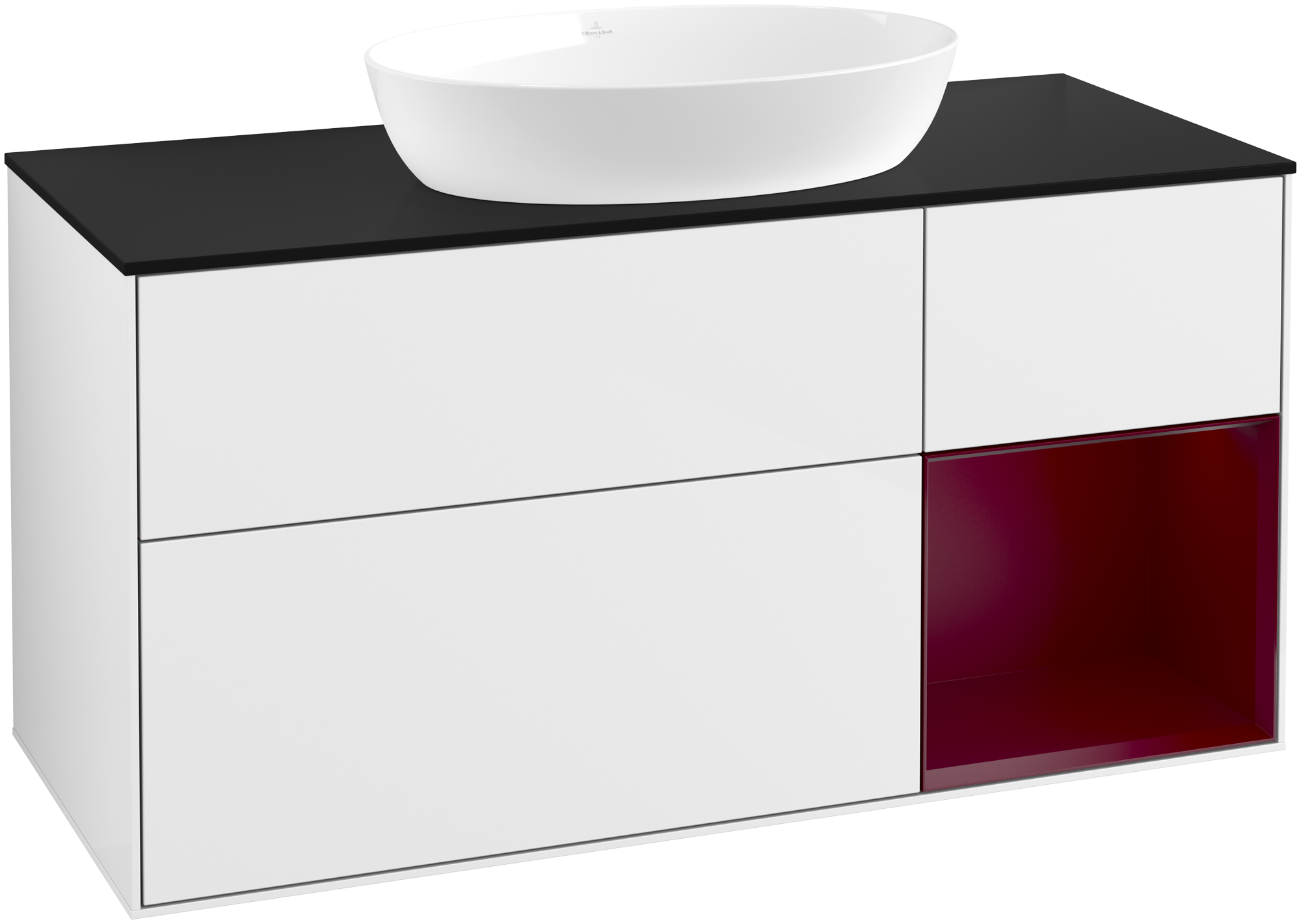 Villeroy & Boch Finion Meuble sous plan, avec éclairage, 3 tiroirs sur rails, 1200x603x501mm, Caisson: Glossy White Lacquer, Façade: Glossy White Lacquer, Élément d’étagère: Peony Matt Lacquer, Plaque de recouvrement: Glass Black Matt